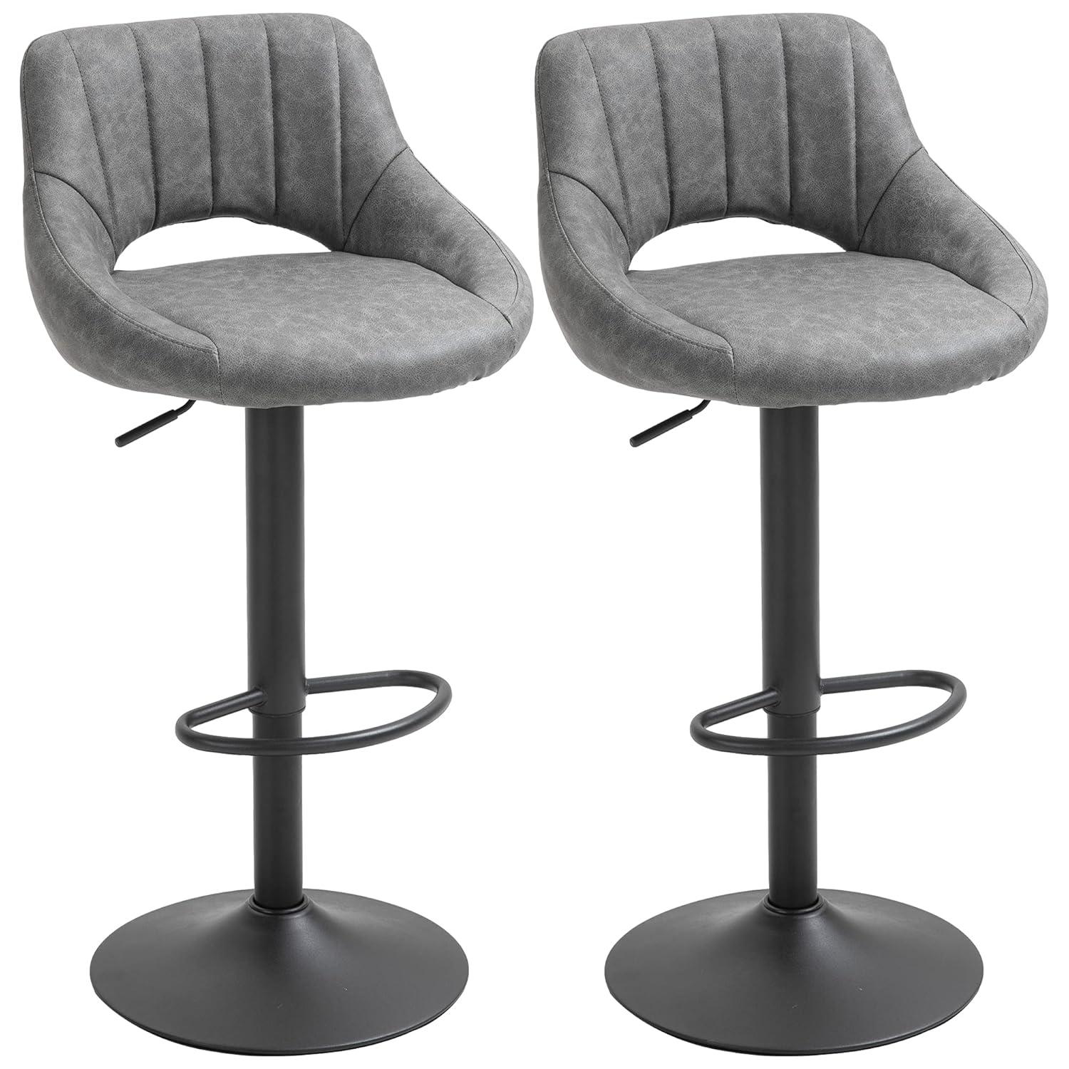 HOMCOM Modern Bar Stools Set of 2 Swivel Bar Height Barstools Chairs with Adjustable Height, Round Heavy Metal Base, and Footrest, Gray