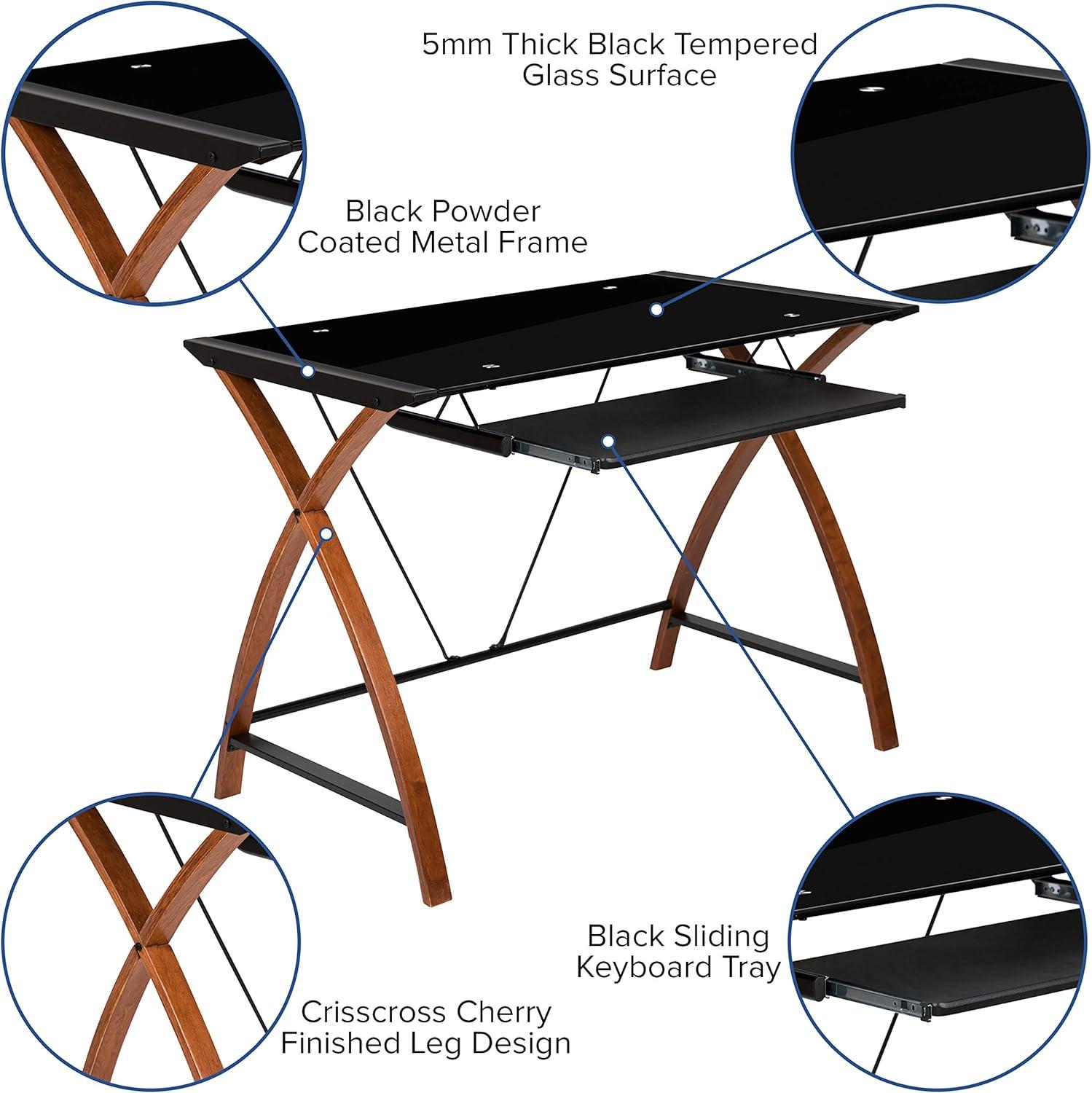 Flash Furniture Jude Black Glass Computer Desk with Pull-Out Keyboard Tray and Crisscross Frame