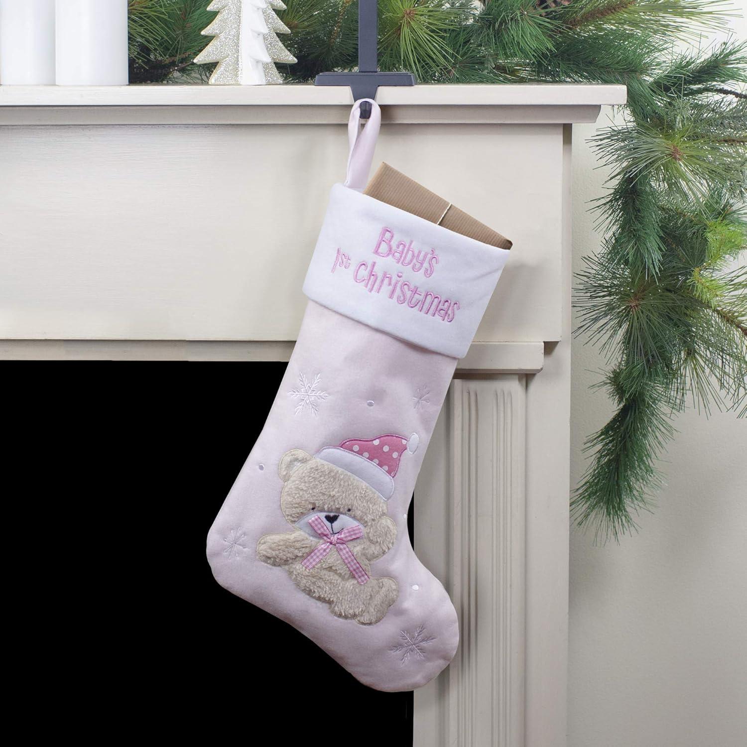 Northlight Baby's 1st Christmas Embroidered Teddy Bear Stocking - 19" - Pink and White