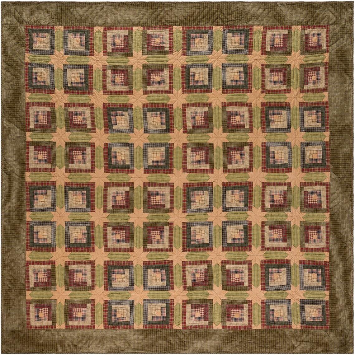 VHC Brands Tea Cabin Rustic Queen Quilt Green Patchwork Cotton Pre-Washed Square Bedroom Decor