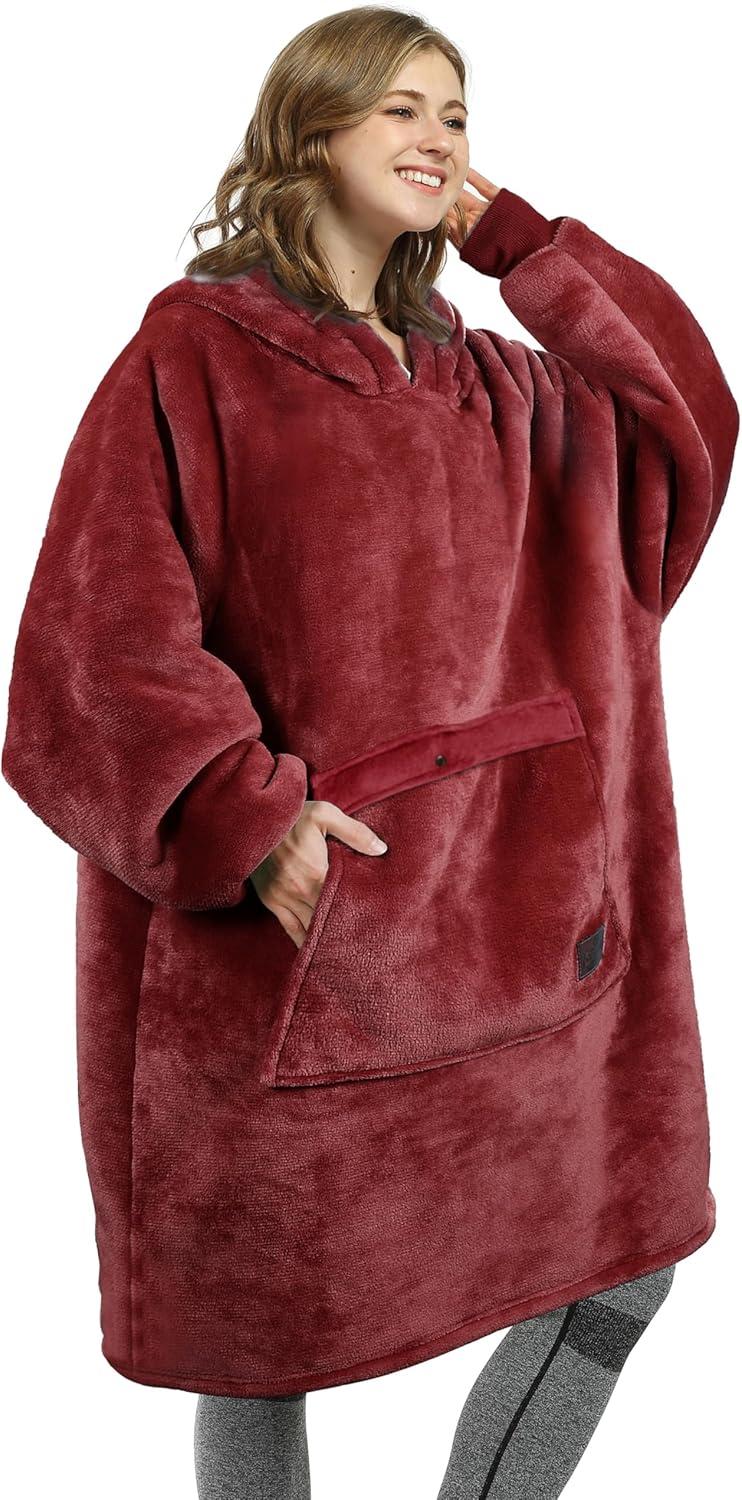 Womens Oversized Flannel Blanket Hoodie Sweatshirt, Plush Fleece Lined Lounging Pullover, Christmas Gift for Women (Dark Red) - Catalonia