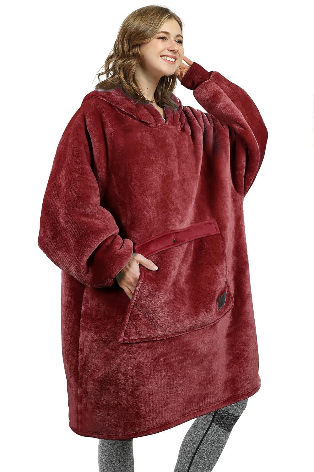 Womens Oversized Flannel Blanket Hoodie Sweatshirt, Plush Fleece Lined Lounging Pullover, Christmas Gift for Women (Dark Red) - Catalonia