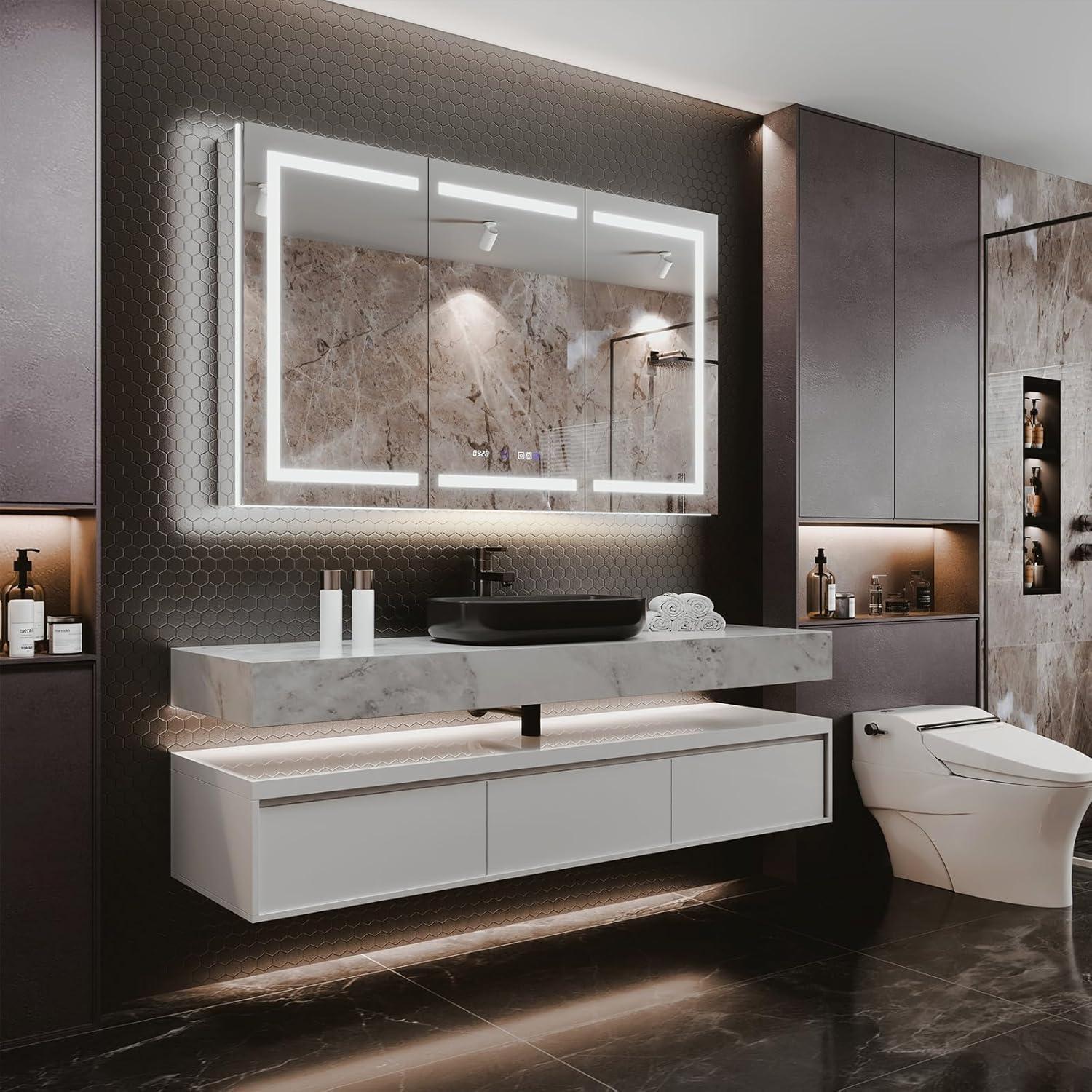 MEDUNJESS 72''x36'' Surface or Recessed Mount LED Medicine Cabinet with Mirror and Defogger 3 doors Medicine Cabinet