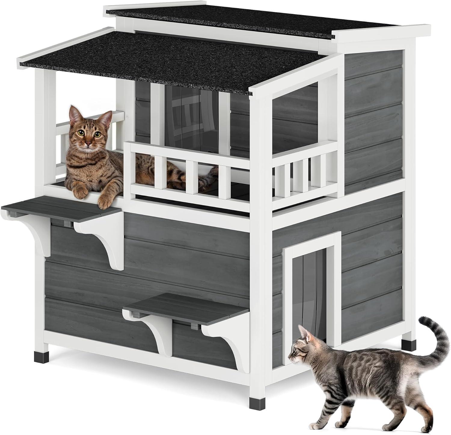 Archie & Oscar™ Outdoor Cat House 2-story Wooden Feral Cat Shelter with Balcony & Roof