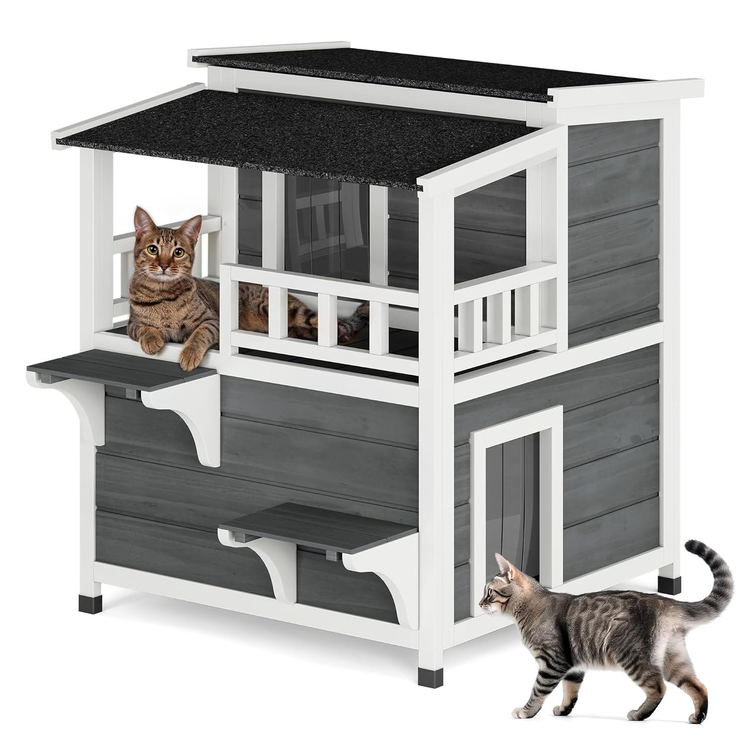 Archie & Oscar™ Outdoor Cat House 2-story Wooden Feral Cat Shelter with Balcony & Roof