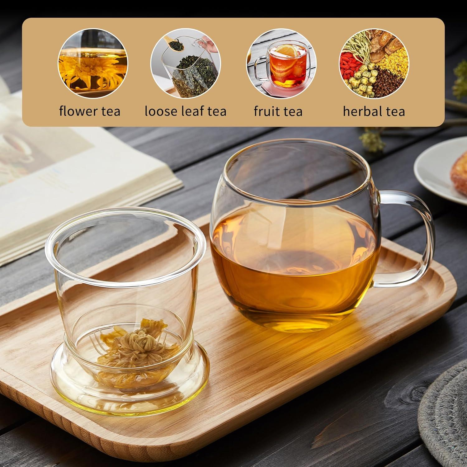 Glass Tea Cup with Infuser and Lid, 17OZ Large Borosilicate Glass Tea Cup with Strainer,Clear Glass Tea Mugs for Loose Leaf Tea,Blooming Tea,Tea Bag,Tea Cute Mushroom, Christmas gift