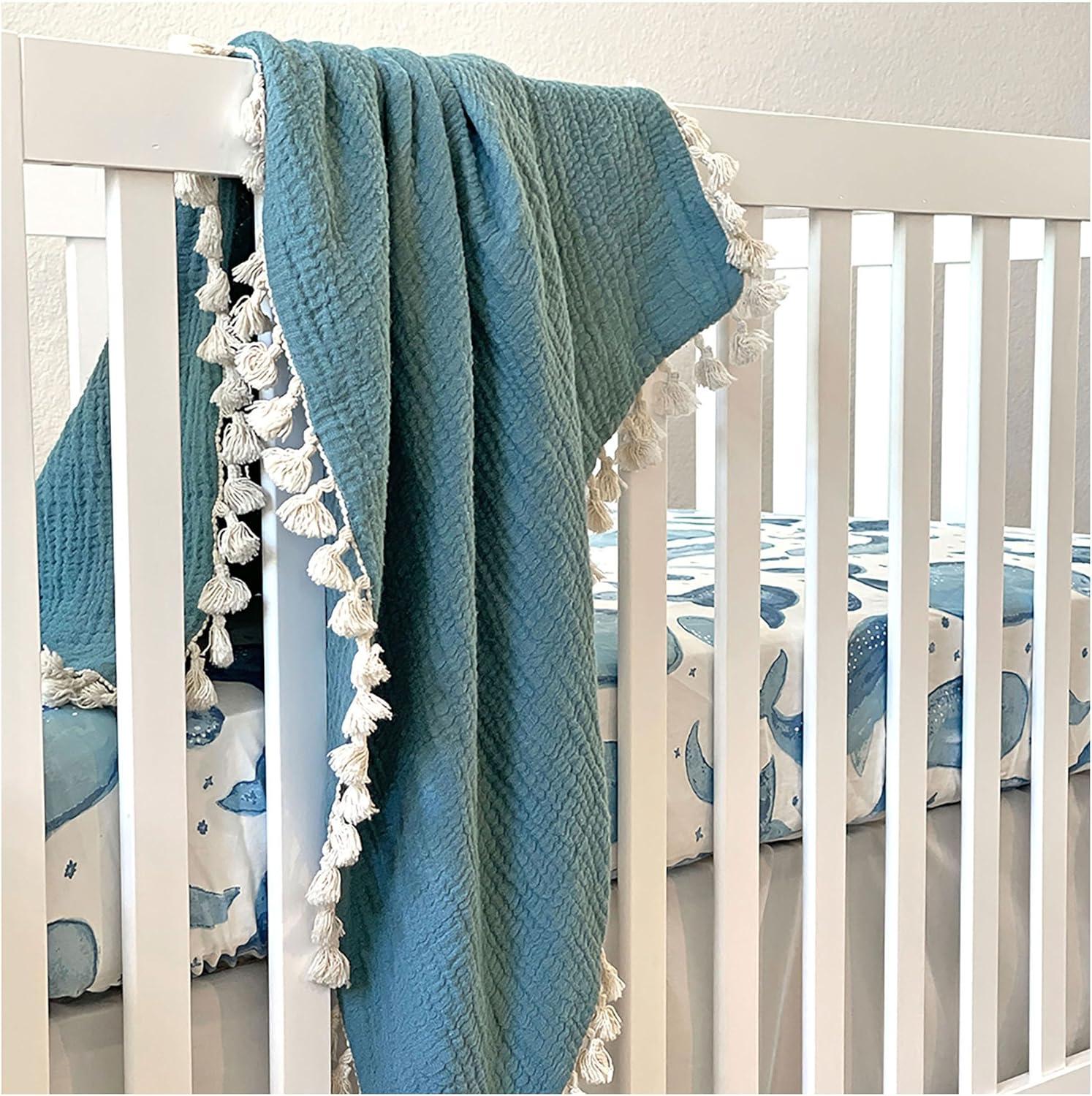 Riverstone Blue Cotton Muslin Baby Blanket with Fringe Trim