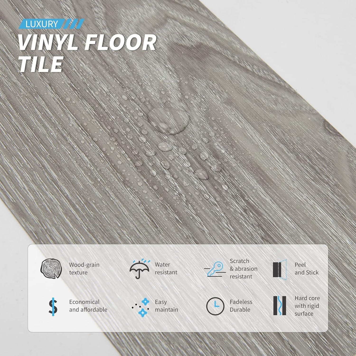 Art3d Peel and Stick Floor Tile Vinyl Wood Plank 36-Pack 54 Sq.Ft, Light Grey, Rigid Surface Hard Core Easy DIY Self-Adhesive Flooring