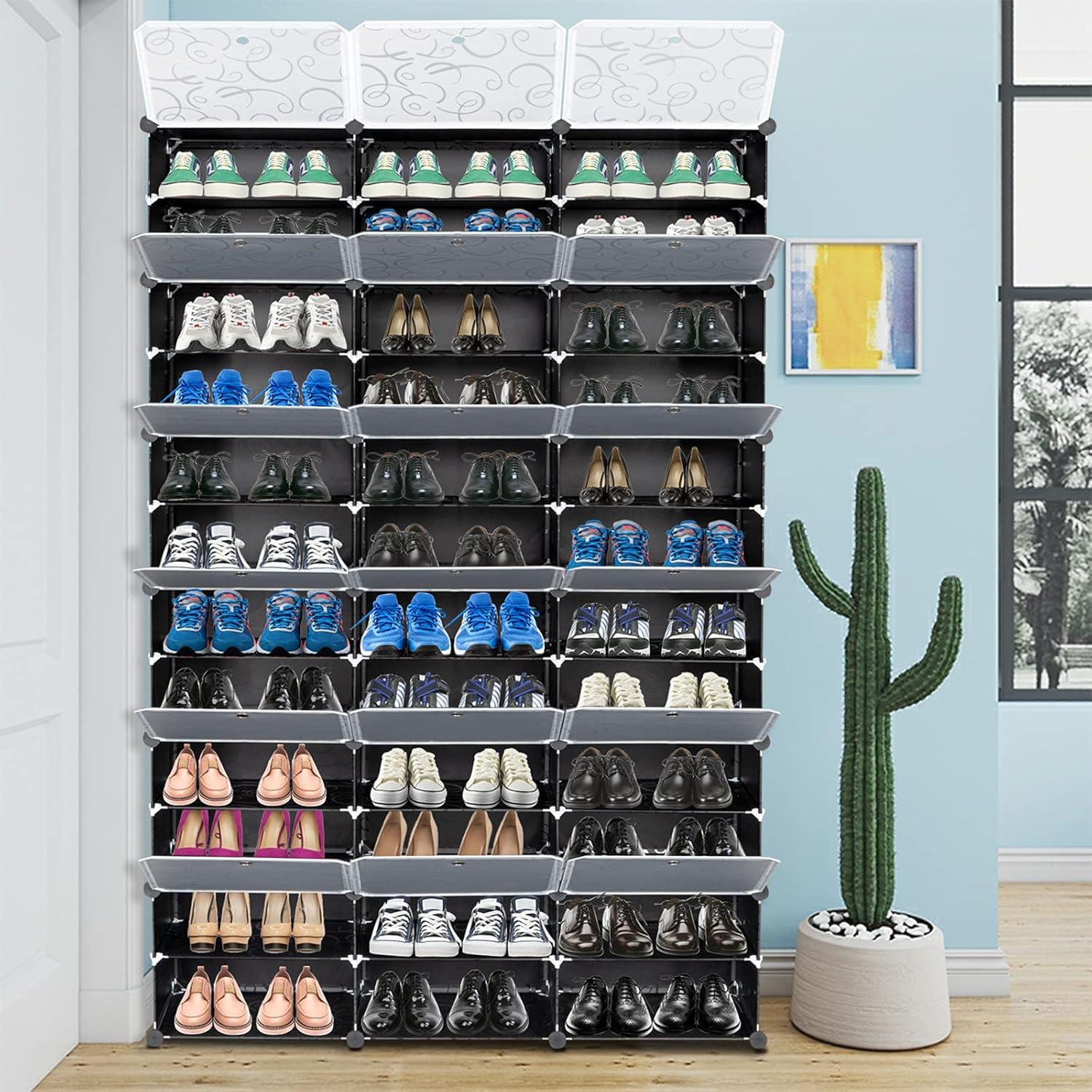 12-Tier Portable Shoe Rack Organizer,72 Pair Covered Shoe Storage Shelves Rack,36 Grids Tower Shelf Expandable Free Standing Storage Stackable Space forHeels,Boots,Slippers,Black