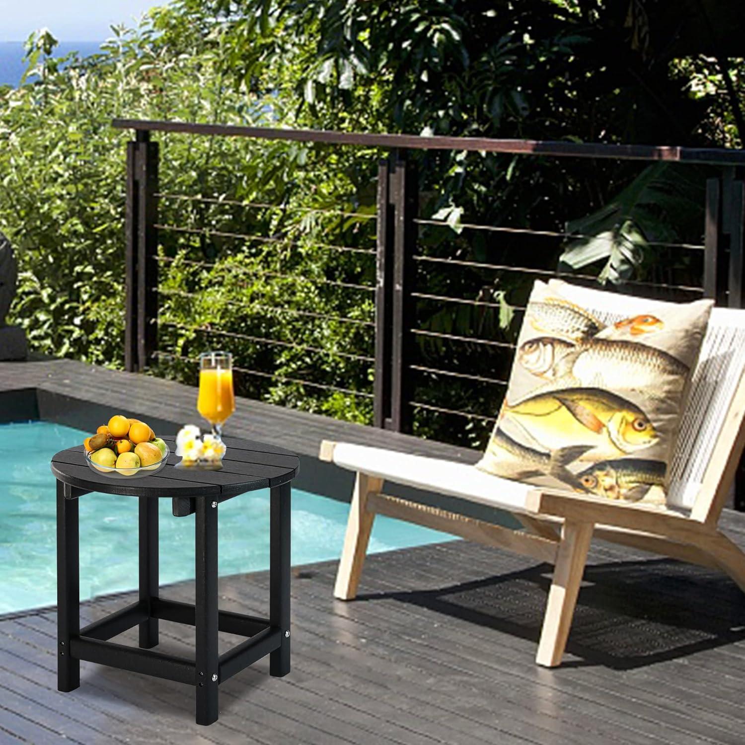 Black Round Outdoor End Table with Wood Core