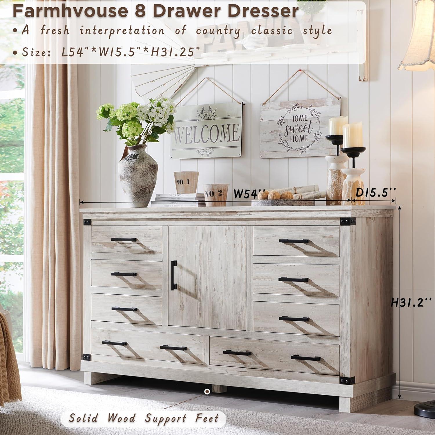 OKD Farmhouse 8 Drawer Dresser for Bedroom with Adjustable Shelf, Wood Long Chest of Drawers with Thick Plank Styling, Rustic Large Closet Dresser for Bedroom, Living Room, Antique White