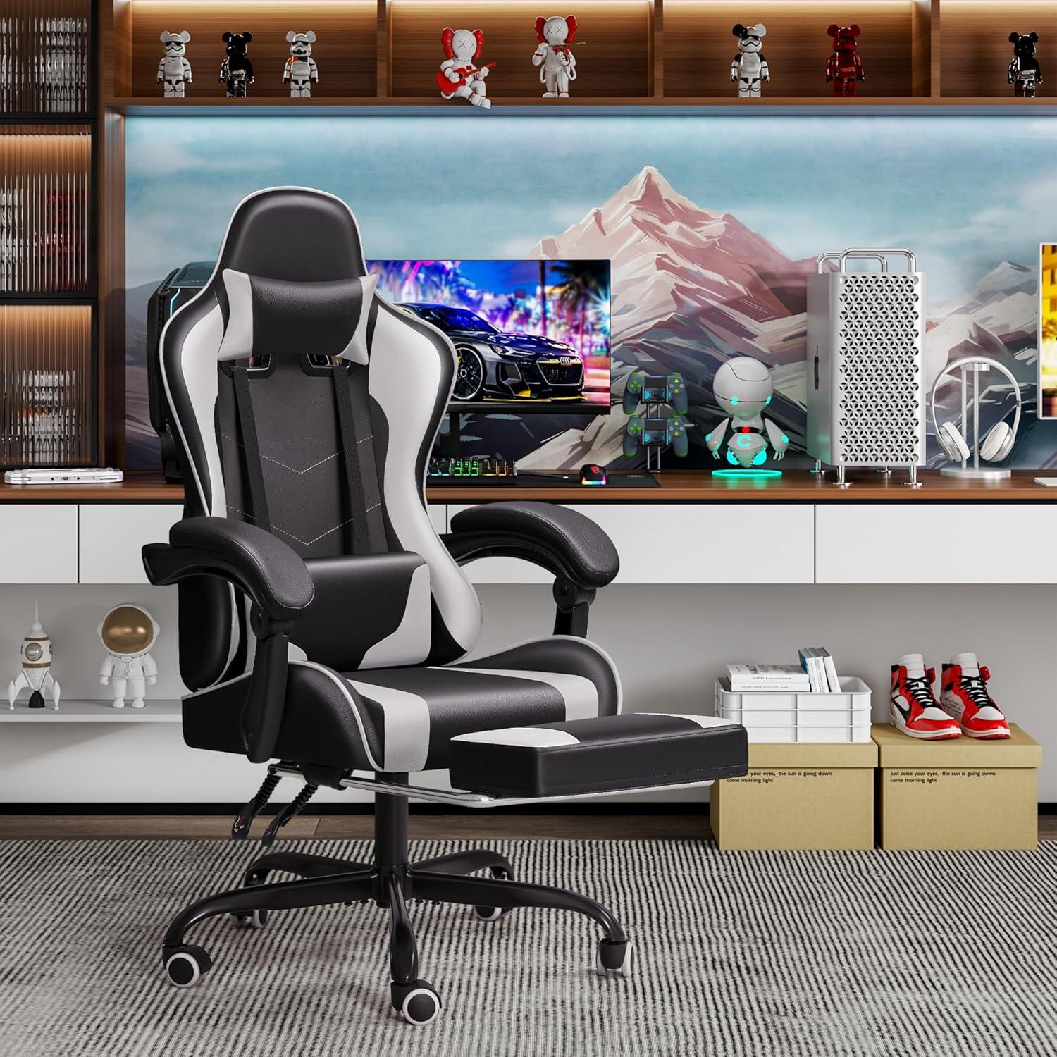 Ergonomic Black and White Gaming Chair with Massage and Footrest