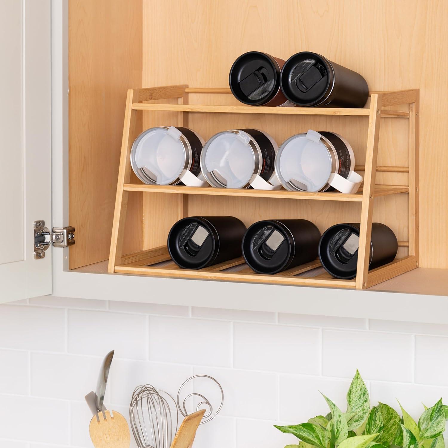 Natural Bamboo 3-Tier Water Bottle Organizer for Cabinet