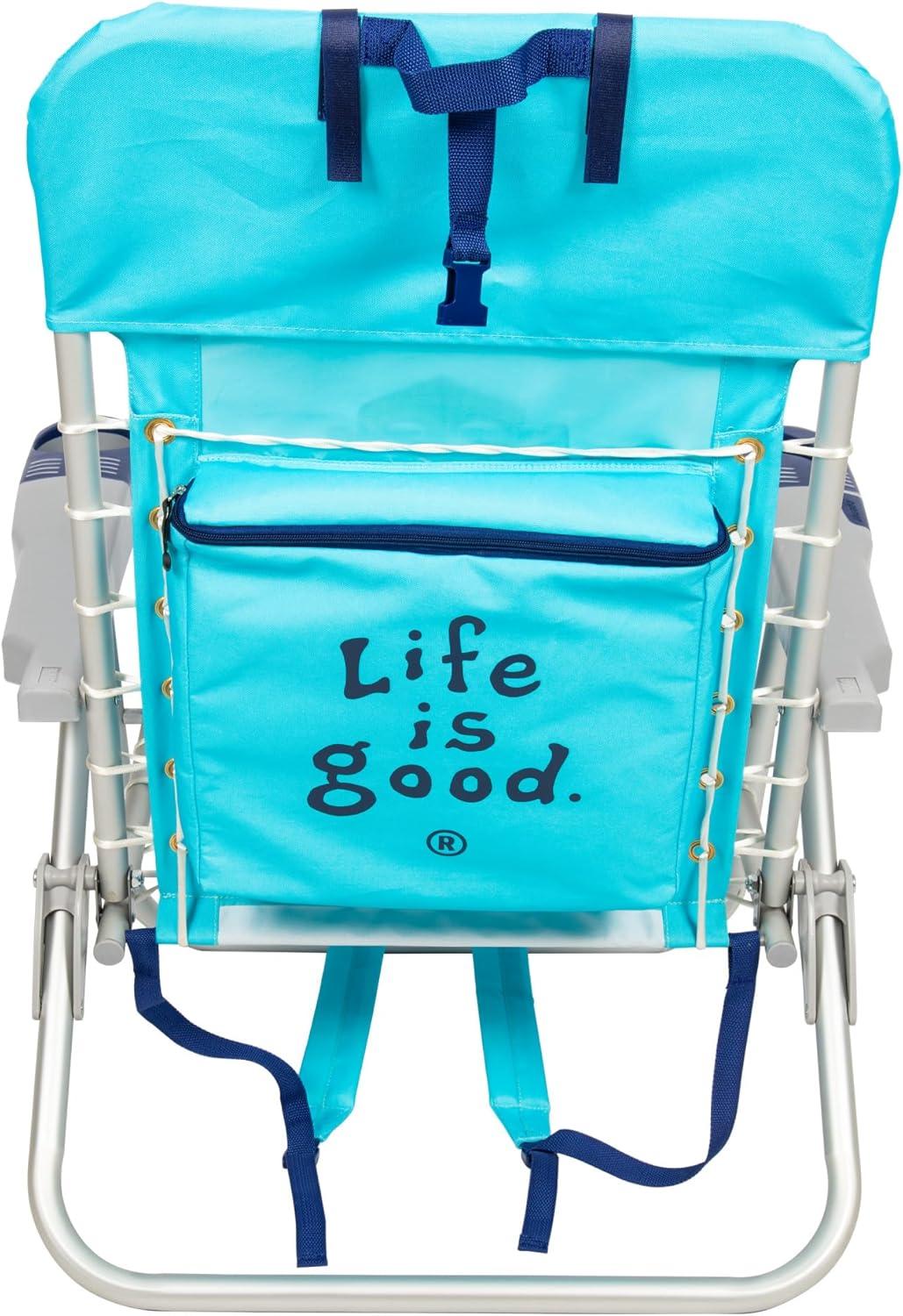 Life is Good 4-Position Lace-up Backpack Beach Chair with Pillow, Cup and Phone Holder, Island Blue