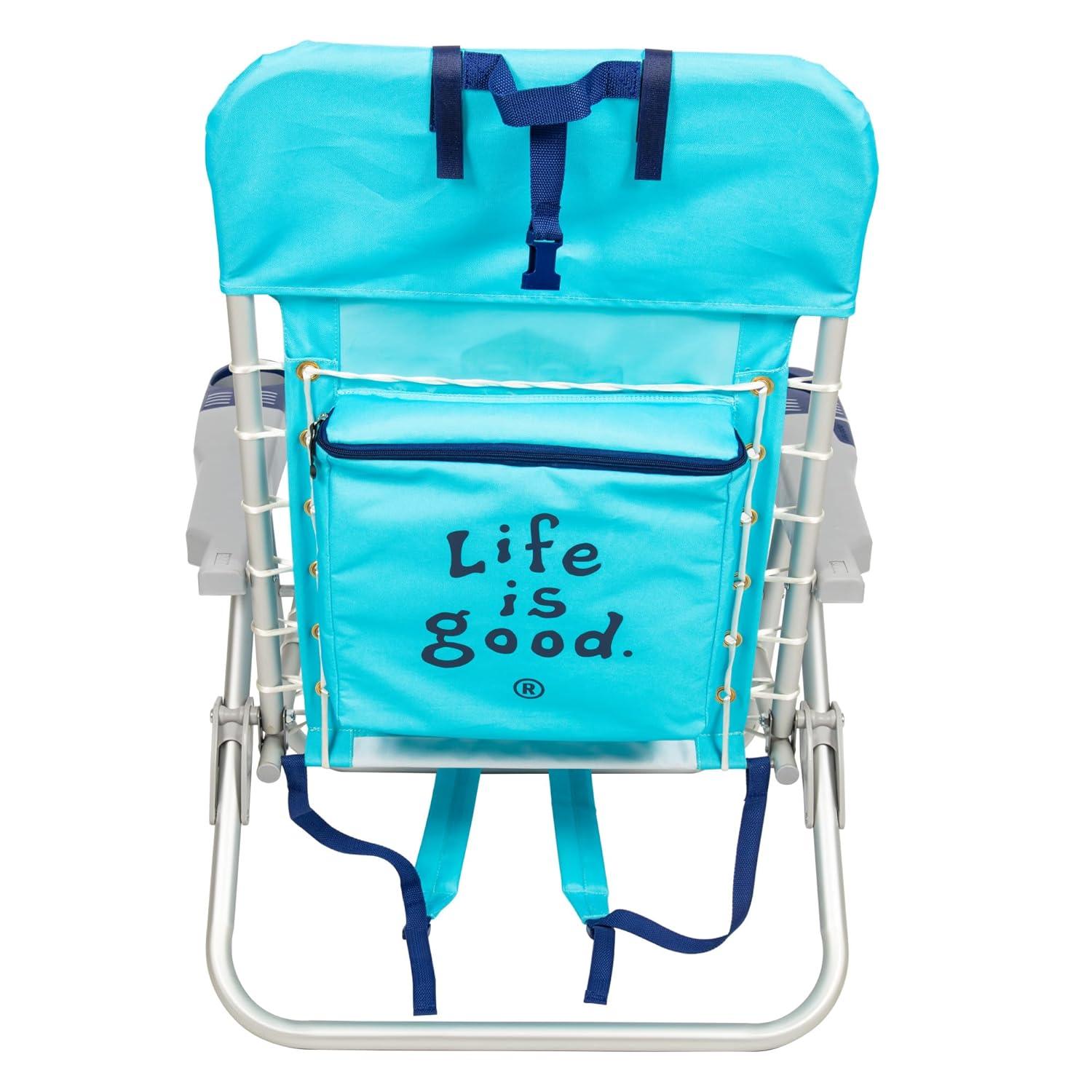 Life is Good 4-Position Lace-up Backpack Beach Chair with Pillow, Cup and Phone Holder, Island Blue