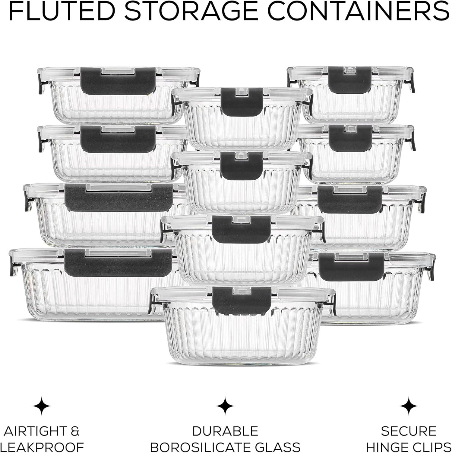 JoyJolt Fluted Glass Food Storage Containers with Leakproof Lids, Set of 12