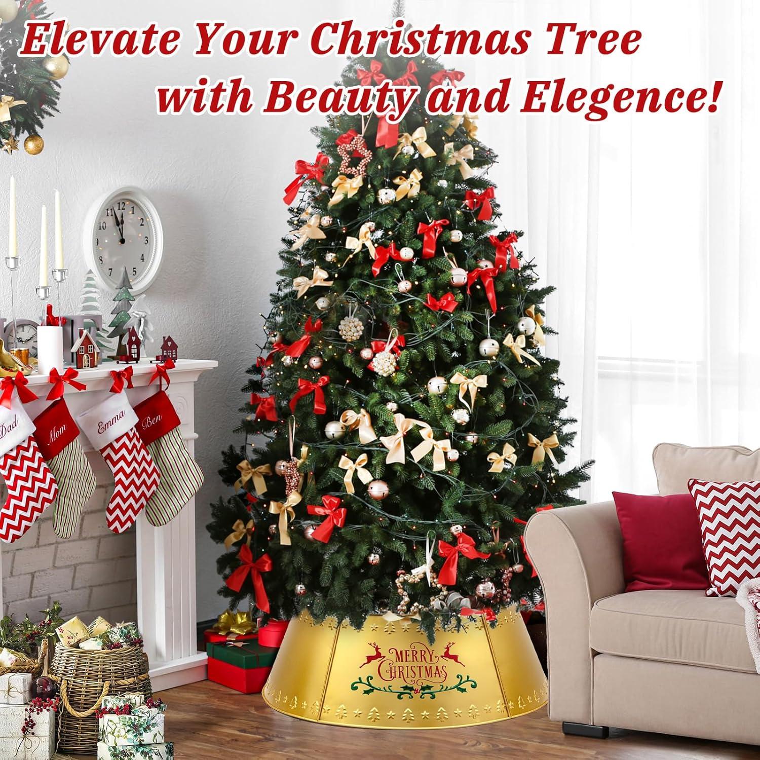 Nordic Hygge 28’’ Christmas Tree Collar, Gold Tree Skirt for Christmas Tree Decor, Christmas Tree Base Cover with Printed Patterns, Metal Tree Collar for Pencil Tree of Living Room