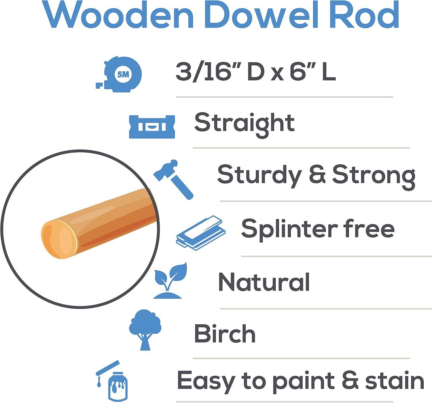 Wooden Dowel Rod, 3/16 Inch x 6 Inch Wood Dowels, Pack of 100 Wooden Dowels for Crafts, Unfinished Hardwood Wooden Dowels Rods, Strong Wood Rod Dowels for Crafting and DIYers