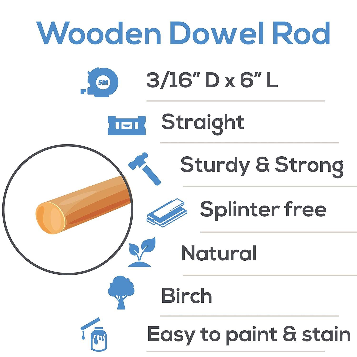 Wooden Dowel Rod, 3/16 Inch x 6 Inch Wood Dowels, Pack of 100 Wooden Dowels for Crafts, Unfinished Hardwood Wooden Dowels Rods, Strong Wood Rod Dowels for Crafting and DIYers