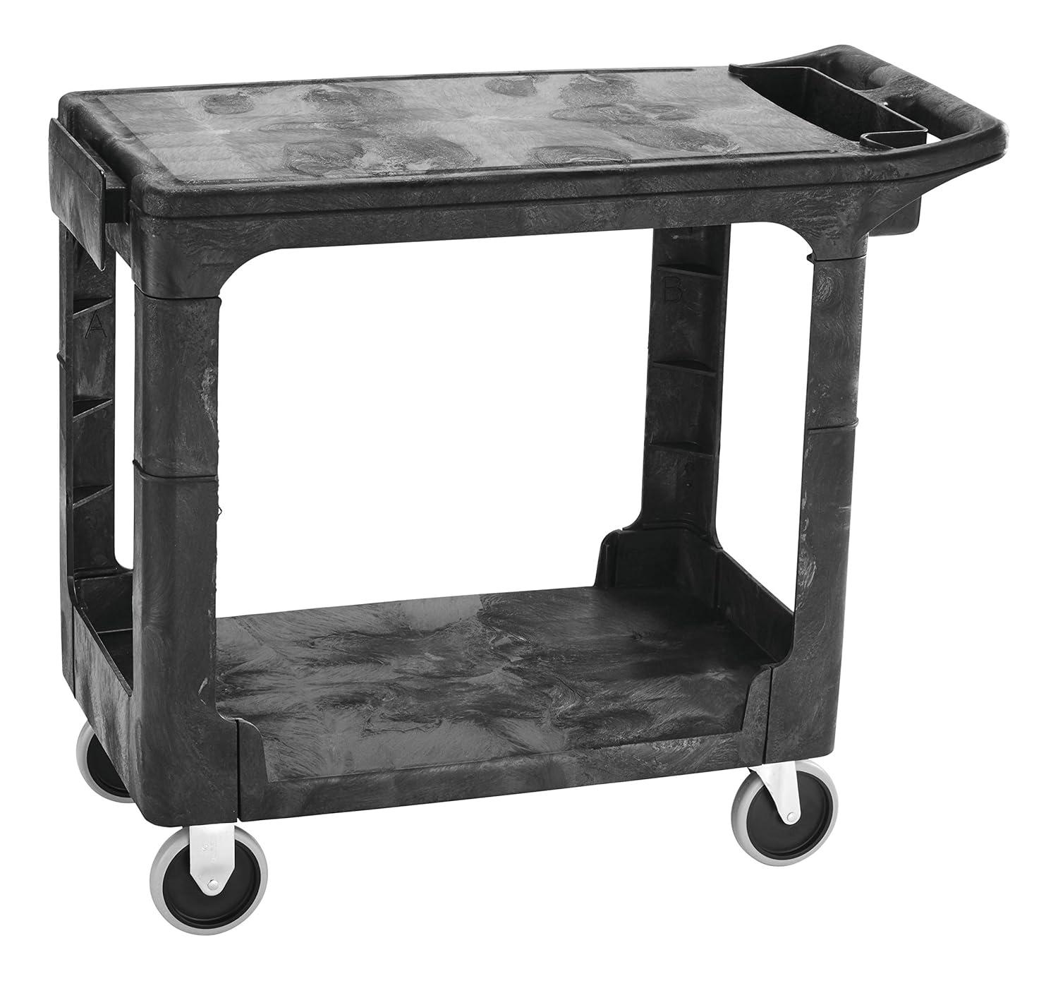 Black Polypropylene 2-Shelf Utility Cart with Flat Shelves