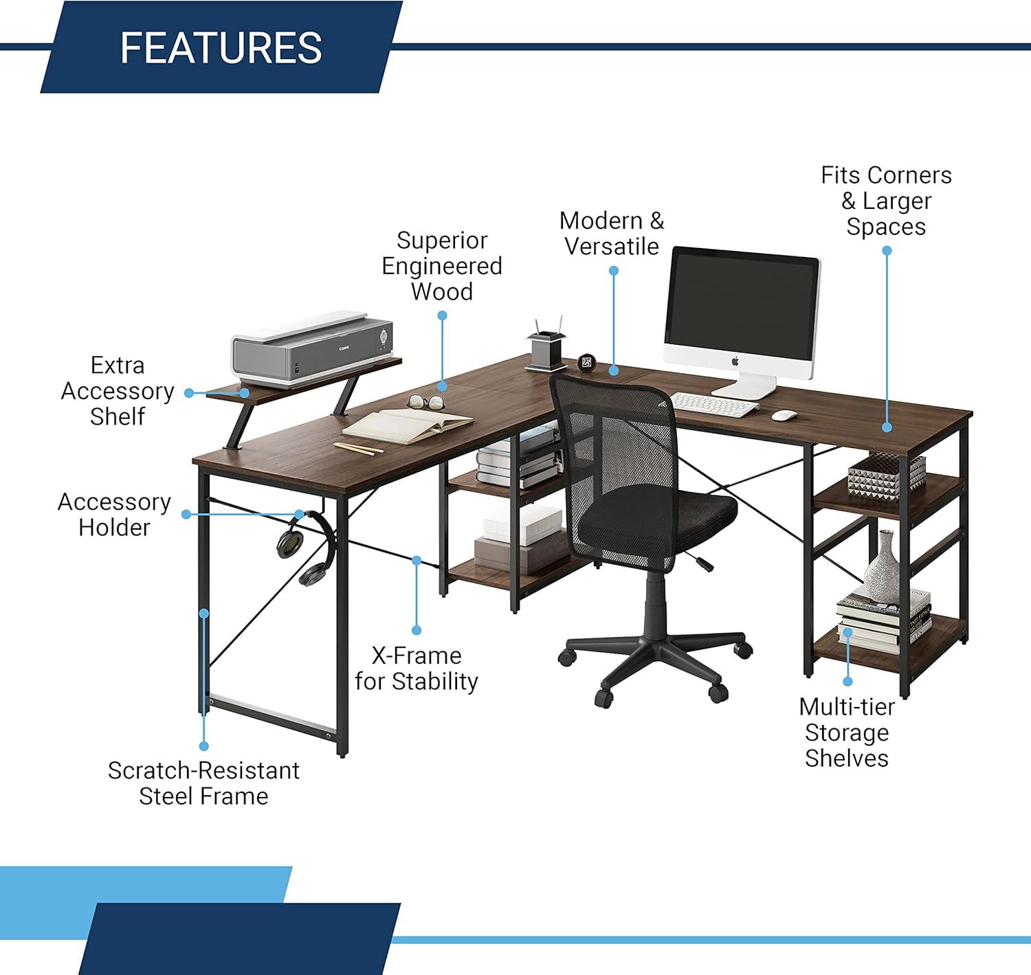 ErgoEdge Black Wood L-Shaped Gaming Computer Desk