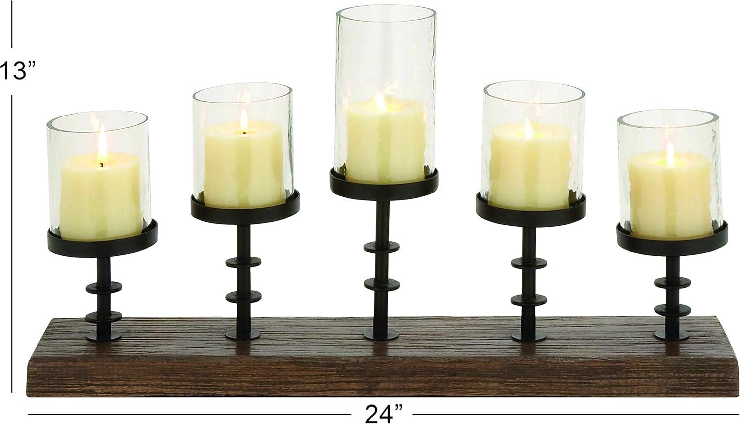 Olivia & May 24" x 13" Farmhouse Mango Wood/Iron Five Light Votive Candle Holder Brown - Industrial Style, Tabletop Display