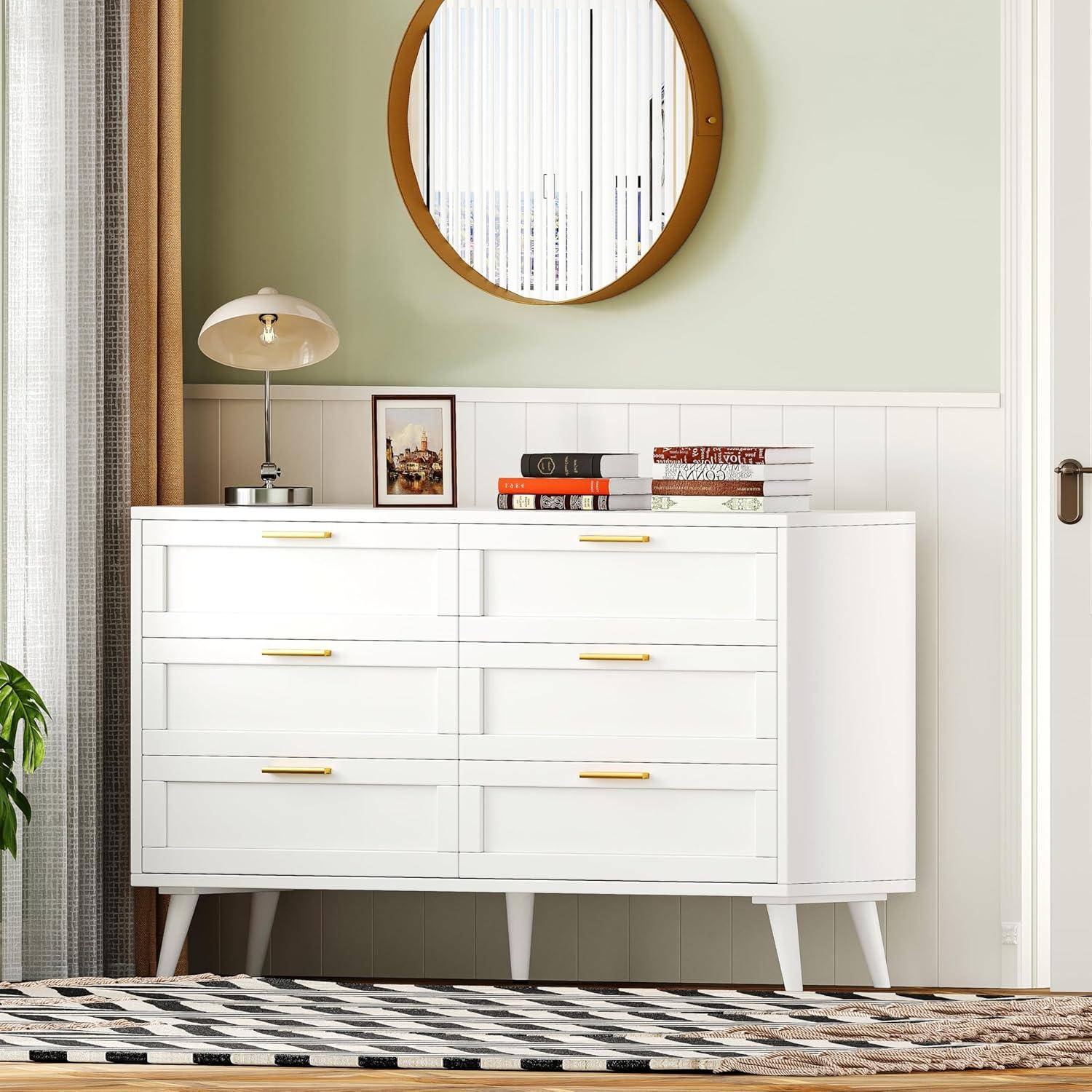 White Double Dresser with Golden Handles and Six Drawers