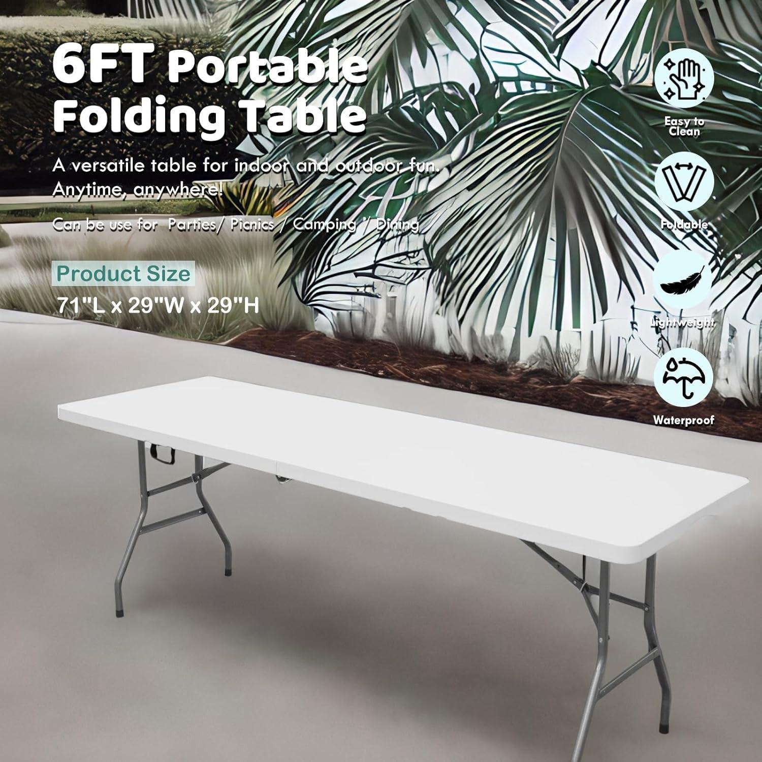 CL.HPAHKL 6 Foot Folding Table with Carrying Handle, Portable Plastic Camping Table Fold in Half, 6 ft Foldable Table with Sturdy Steel Frame for Indoor Outdoor Camping, Picnic and Party, White