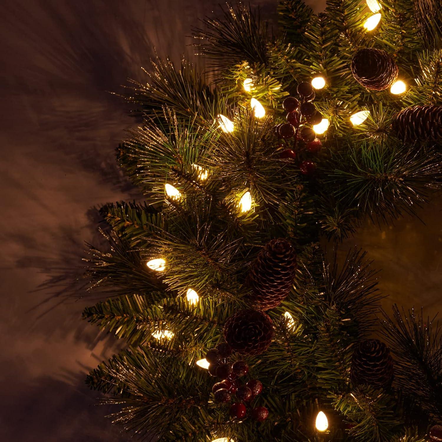 24 Inch Bergen Pine Wreath with Gold Accents and Soft White LED Lights on Auto Timer