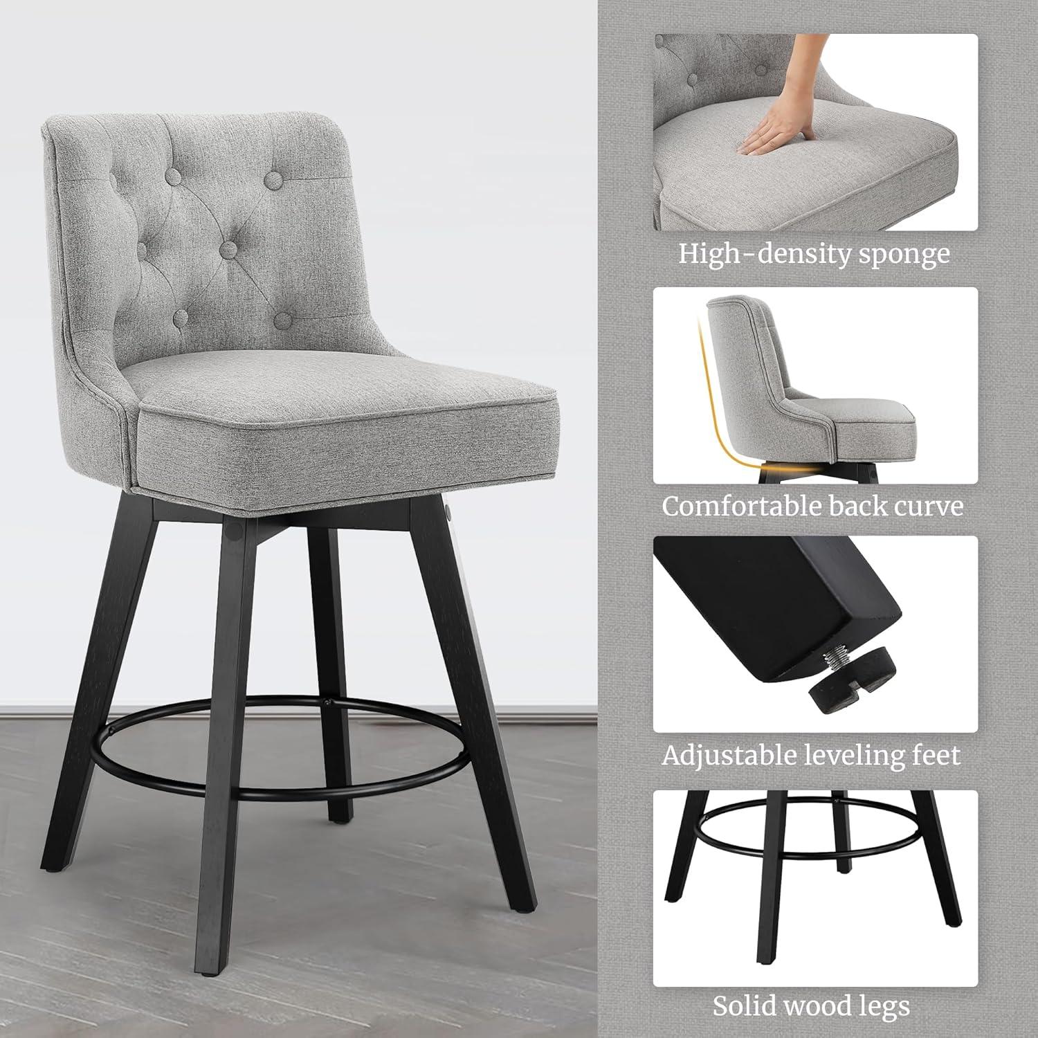 26'' Gray Linen Upholstered Swivel Bar Stools with Wood Legs