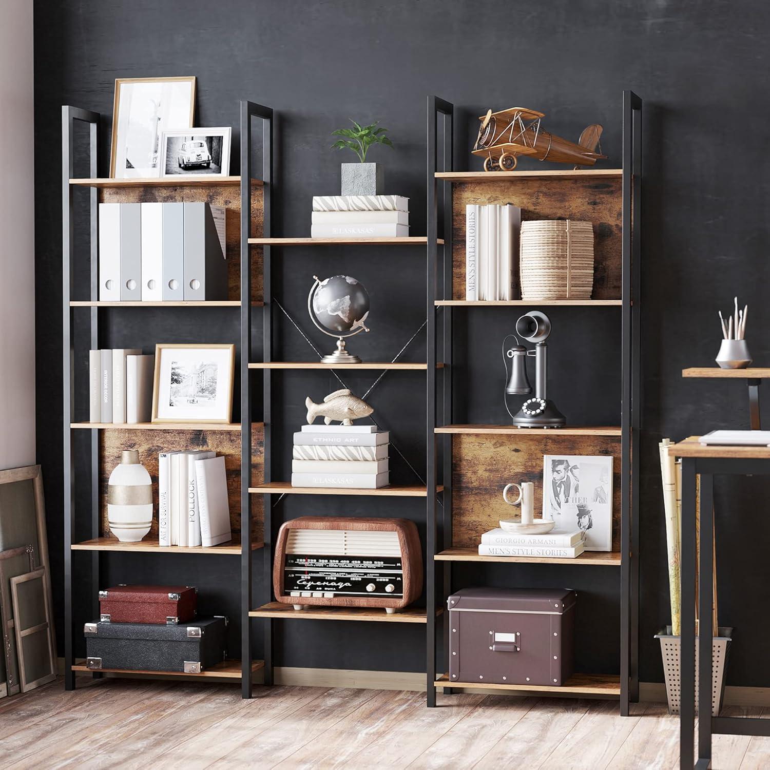 VASAGLE Rustic Brown and Black 5-Tier Triple Wide Bookshelf