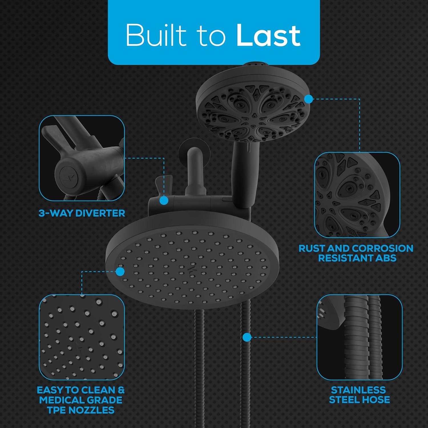 SparkPod Dual Shower Head - 8'' High Pressure Rain Shower Heads with Handheld Spray Combo - Rainfall, Handheld & Dual Mode - Easy Install 3-Way Showerhead with Hose & Holder (Midnight Black Matte)