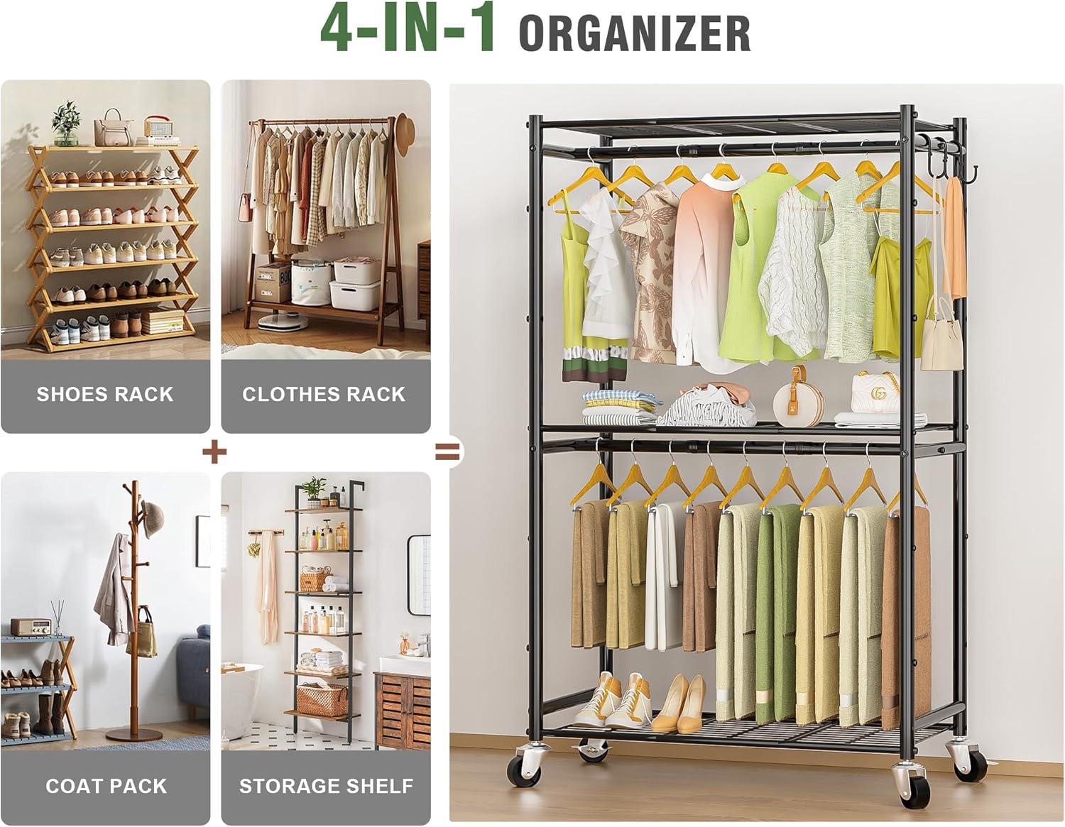 3 Tiers Rolling Clothes Rack With Wheels, Hanging Rods And Side Hooks