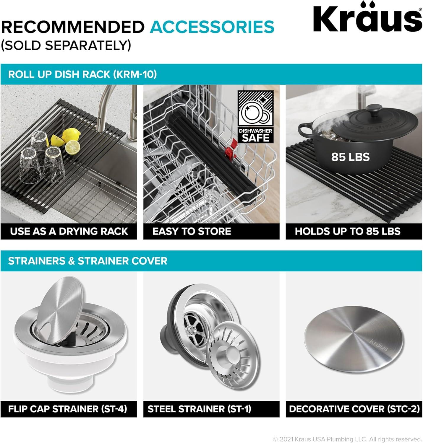 Dex™️ Series KRAUS 25" L Undermount 16 Gauge Stainless Steel Single Bowl ADA Kitchen Sink