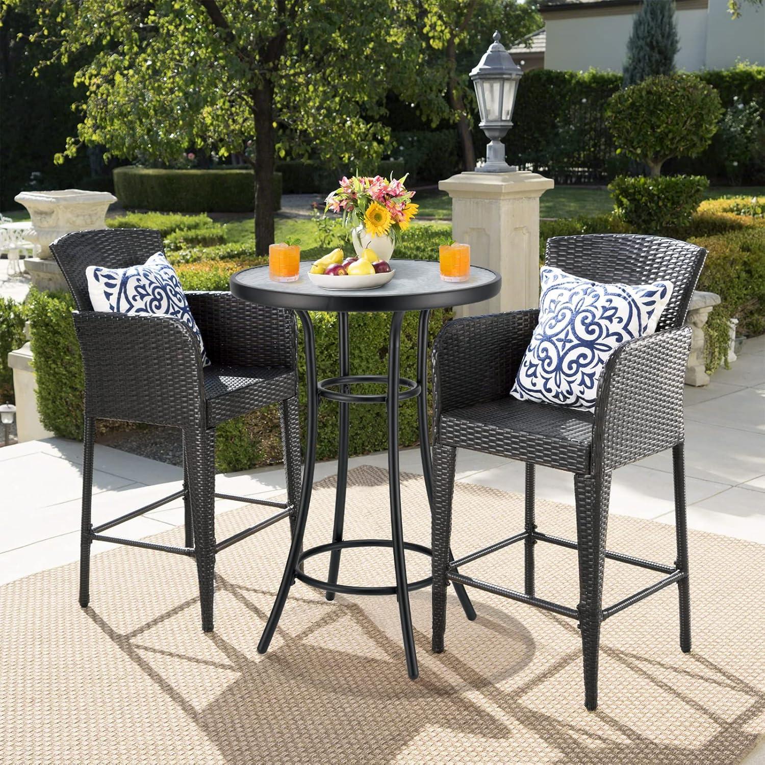 Bar Height Patio Glass Table, 2-Tier High Top Outdoor Metal All-Weather Round Bistro Table With Tempered Glass Top for Balcony Backyard Pool, Black