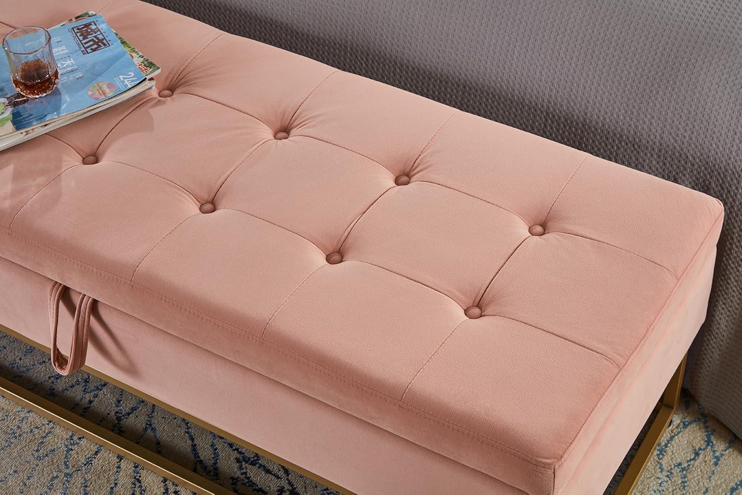 58.6" End of Bed Bench, Storage Bench with Metal Base Holds up to 500 lbs, Button Tufting Design Velvet Upholstered Bedroom Bench for End of Bed, Livingroom, Entryway, Window, Pink