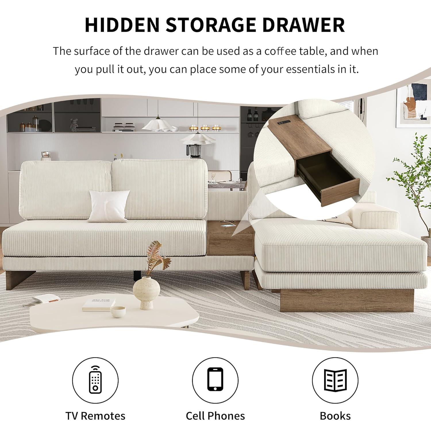 114" L-shaped Sofa Sectional Sofa with Two USB Ports and Two Power Sockets, A Storage Drawer and A Reversible Chaise Lounge for Living Room