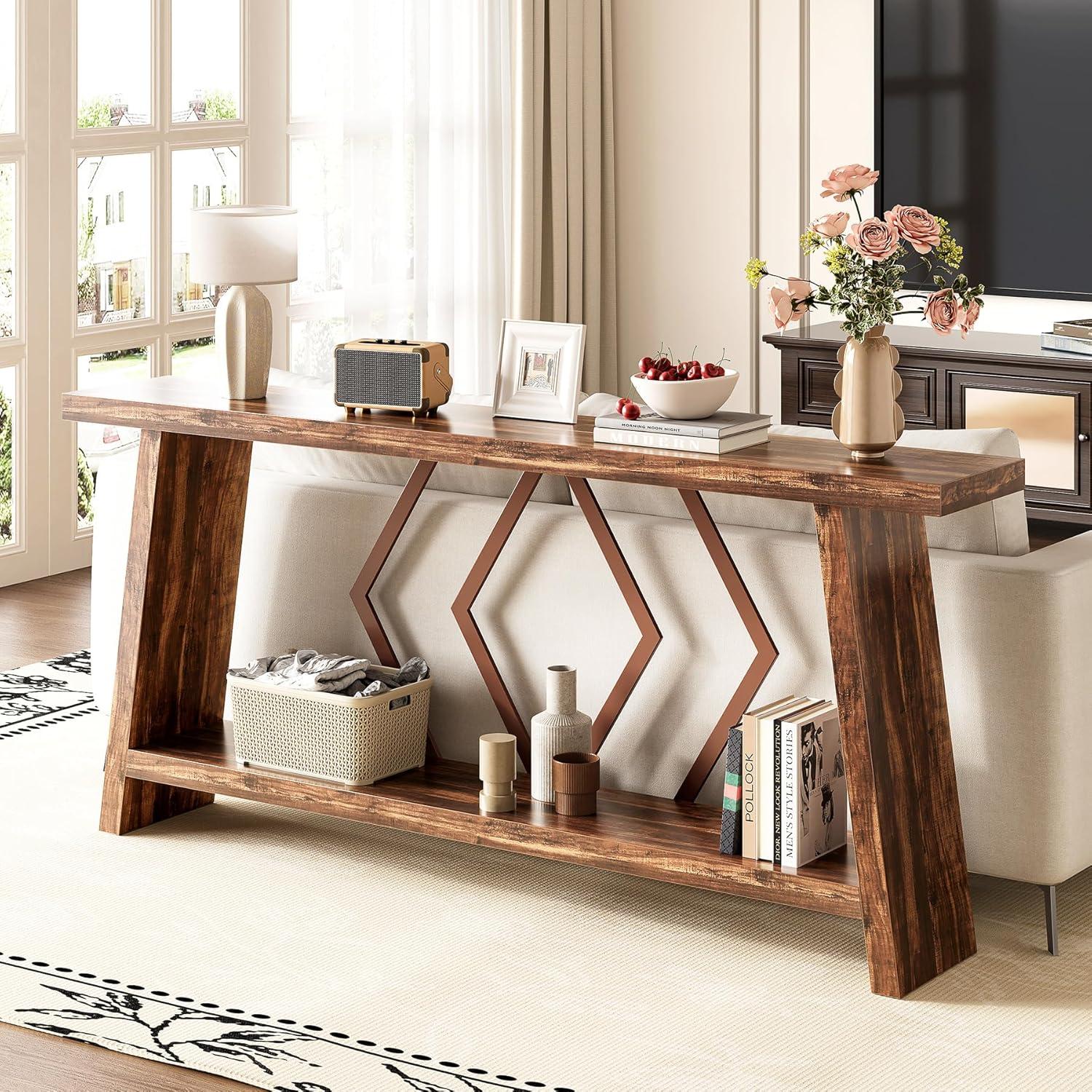 Rustic Brown Wood and Metal Console Table with Storage Shelf