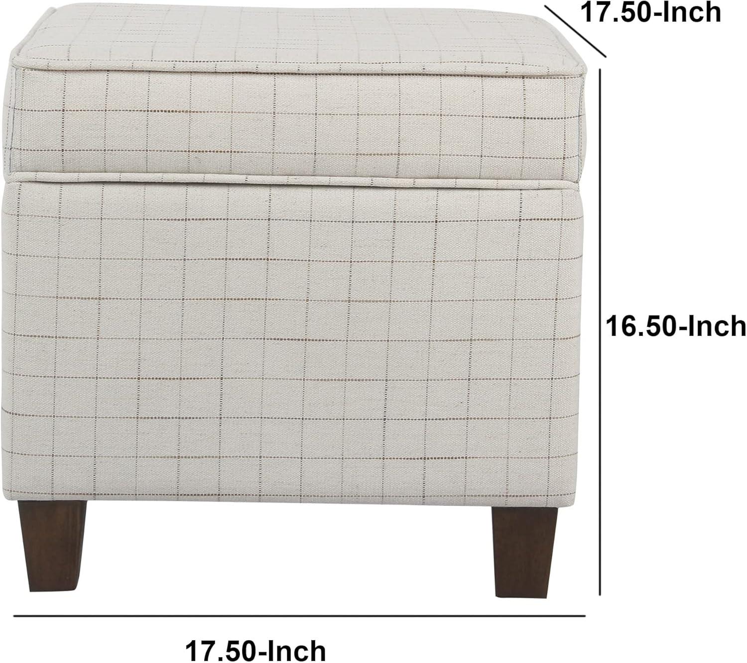 Benzara Wooden Square Ottoman with Grid Patterned Fabric Upholstery and Hidden Storage, Beige and Brown