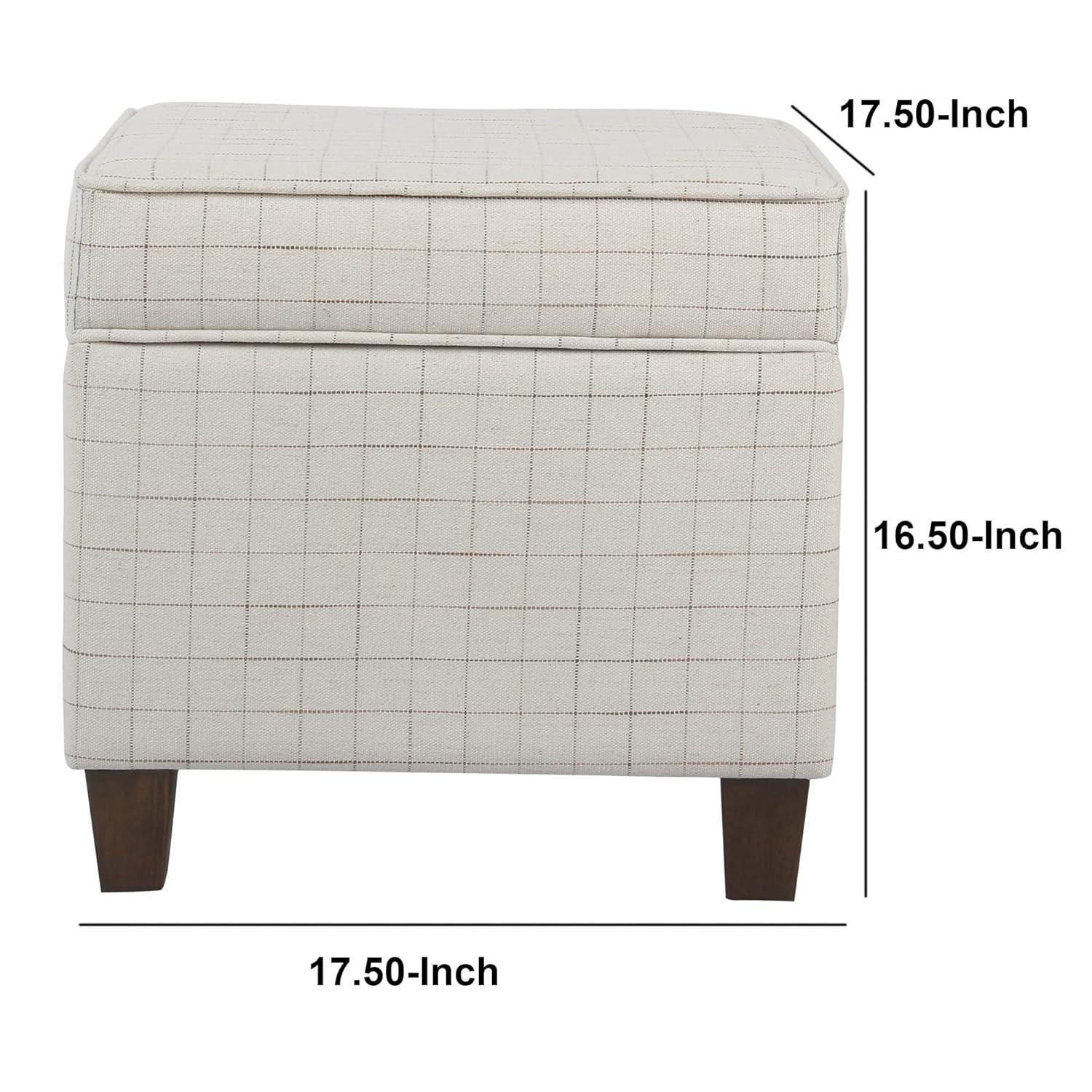 Benzara Wooden Square Ottoman with Grid Patterned Fabric Upholstery and Hidden Storage, Beige and Brown