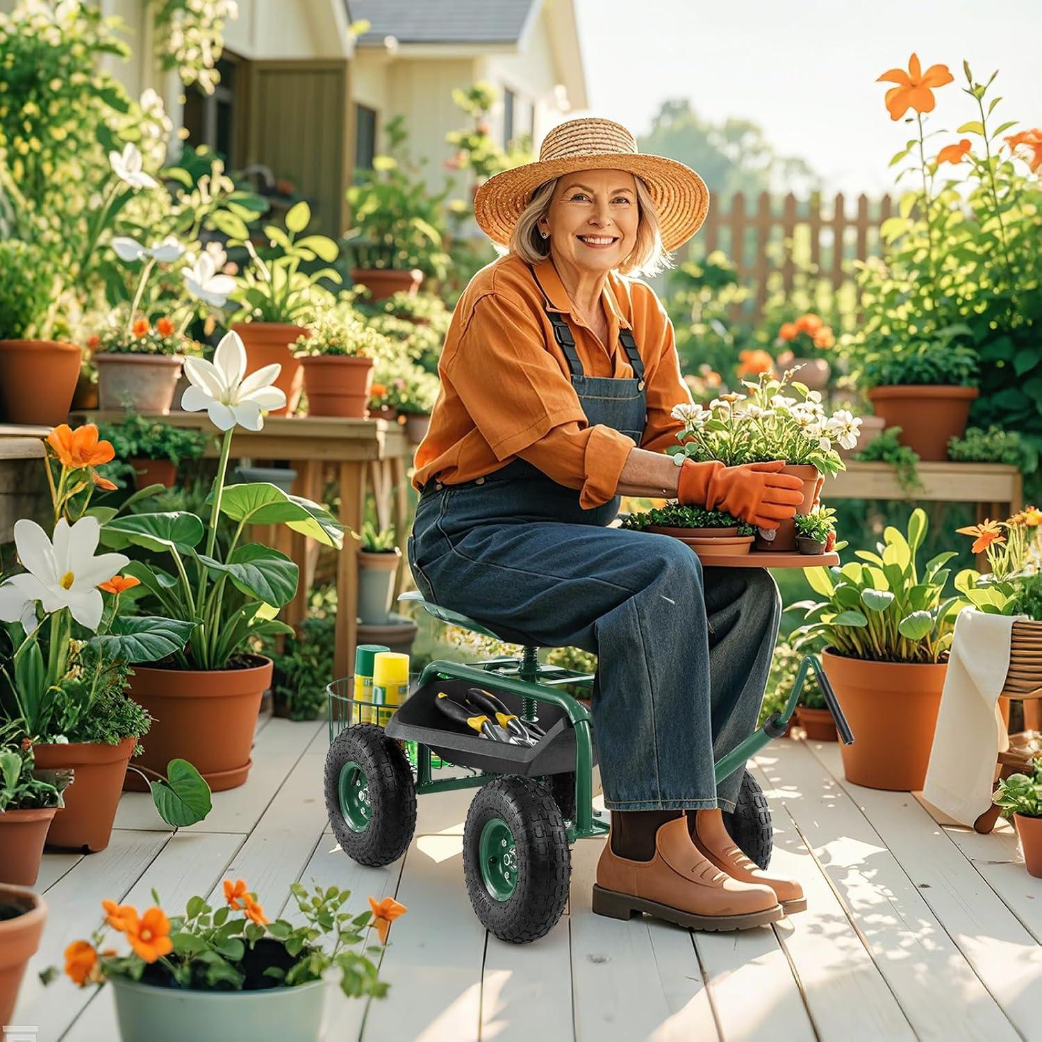 Spaco 4-Wheel Rolling Garden Cart Work Seat, Wagons Carts, Carts with Wheels, Utility Cart