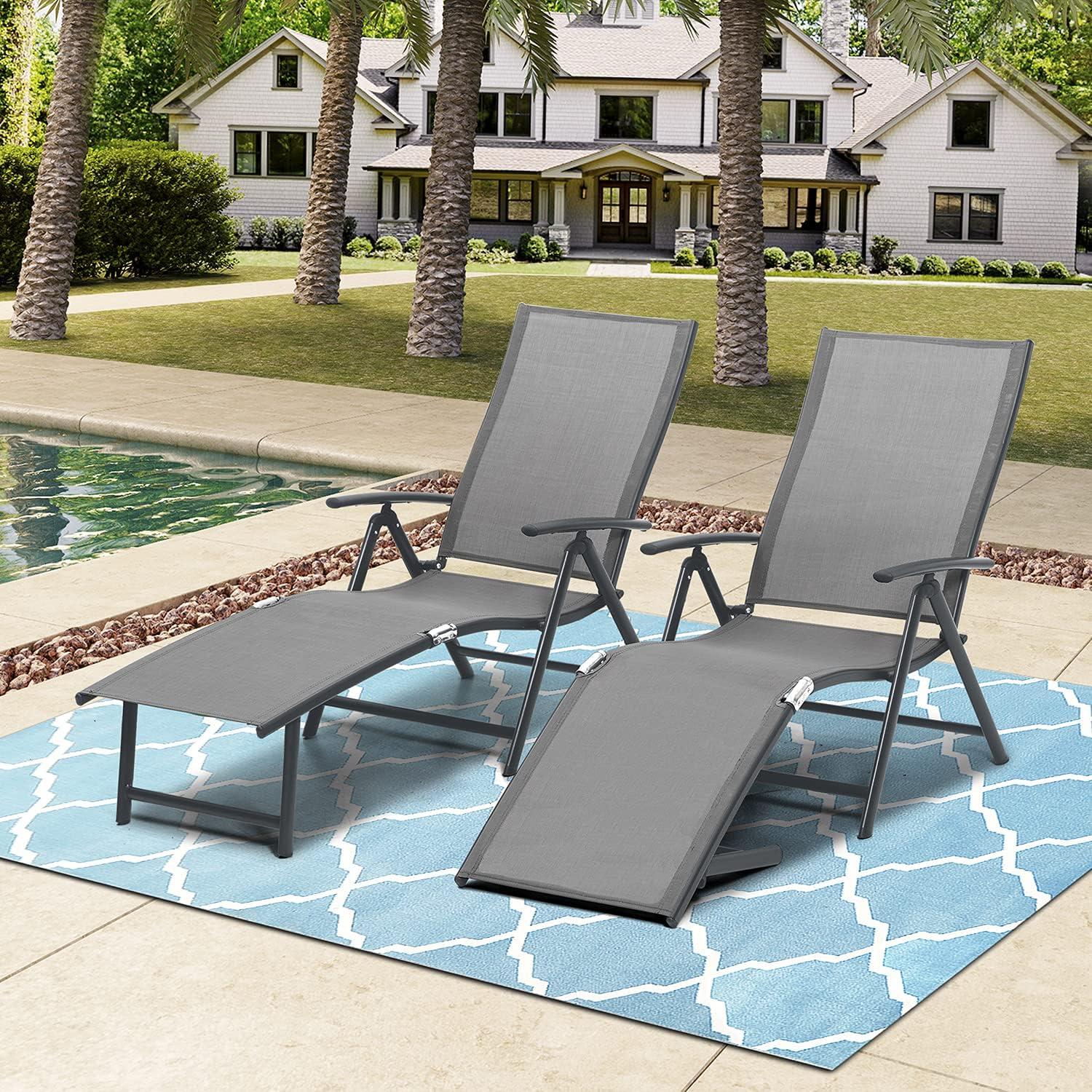 Adjustable Aluminum patio Chaise Lounge Chair, 8 Positions, Folding Outdoor Recliners, All Weather For Beach, Pool And Yard (Set of 2)