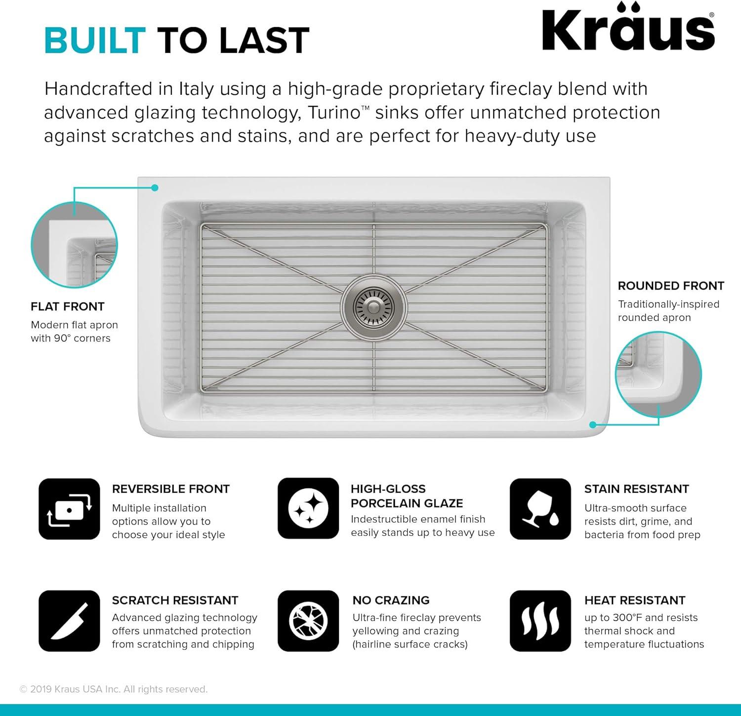 KRAUS Turino™ Reversible 33-inch L Fireclay Farmhouse Flat Apron Front Single Bowl Kitchen Sink with Bottom Grid