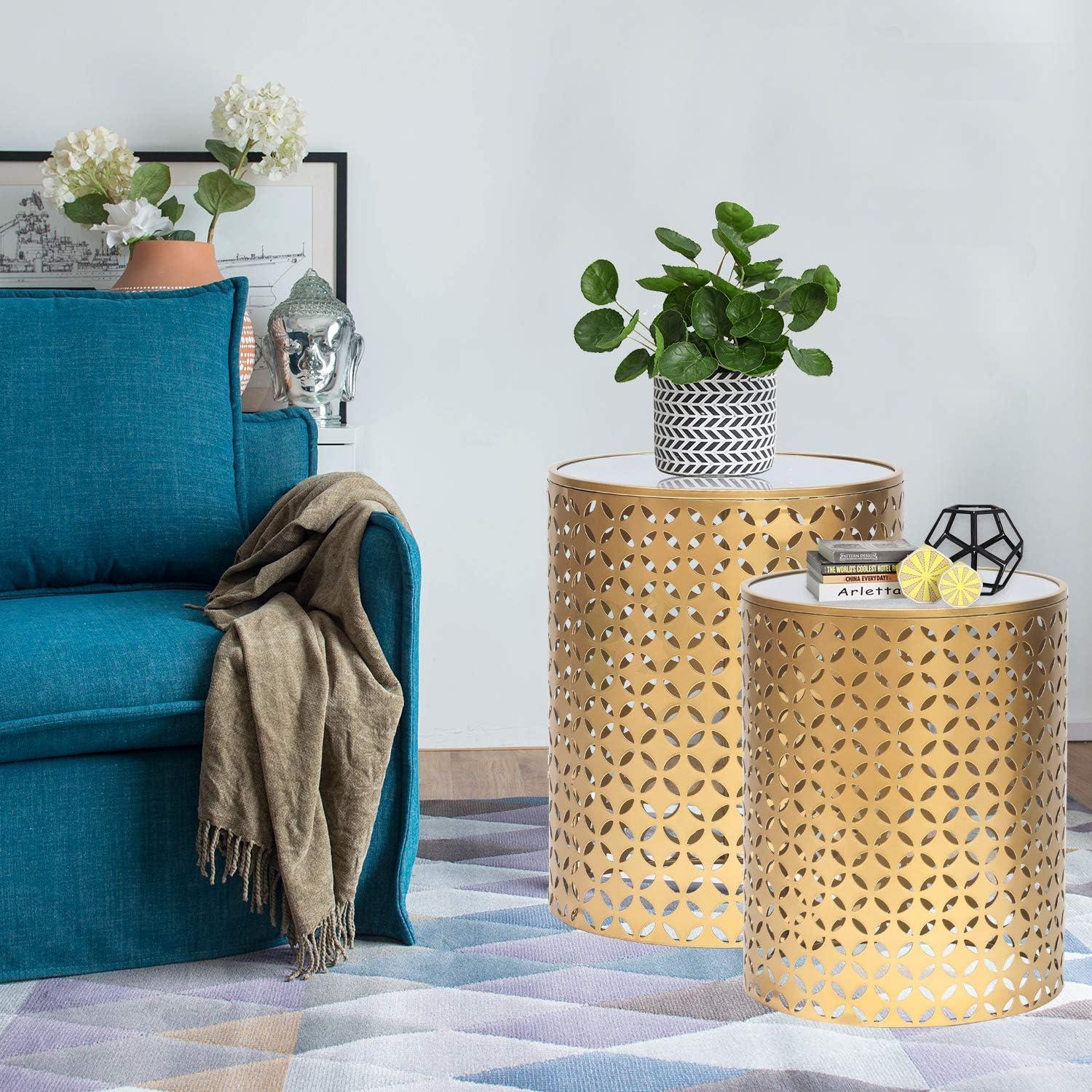 Gold Mirrored Round Metal Nesting Side Tables Set