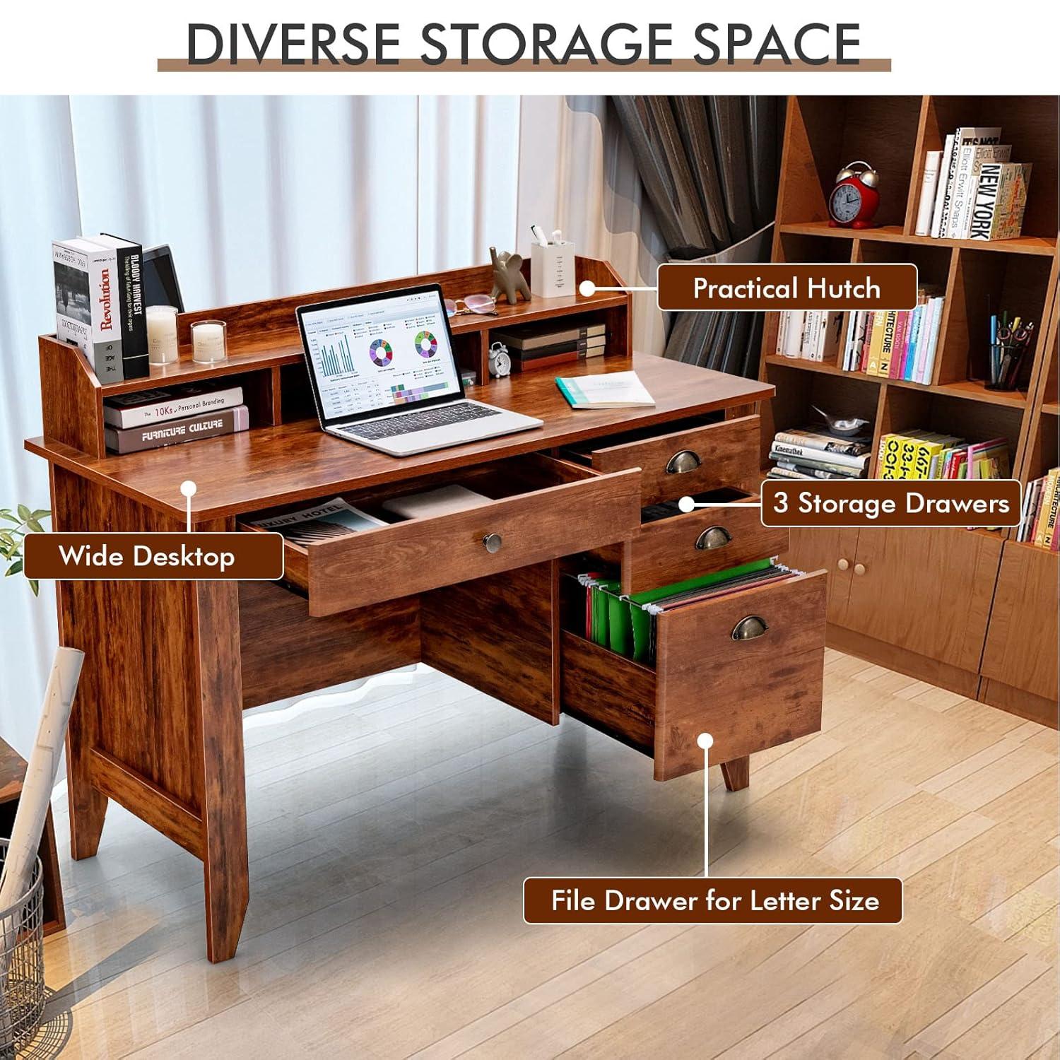 GVN Vintage Computer Desk with Storage Shelves and 4 Drawers-Rustic Brown, Desk for Bedroom, Gaming Computer Desks for Study,Working,Writing