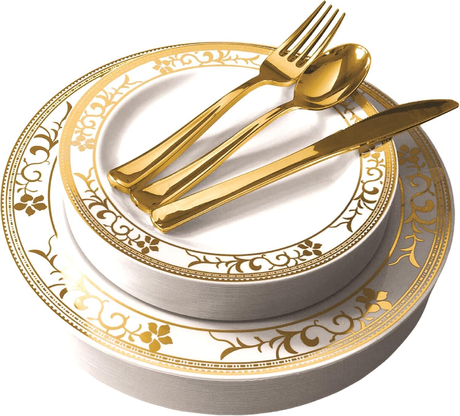 125-Piece White and Gold Floral Fancy Plastic Plates Disposable with Silverware, Elegant Dinnerware for Weddings, Holiday Party China, Set of 25 Dinner + Salad Plates, 25 Spoons, 25 Forks, 25 Knives