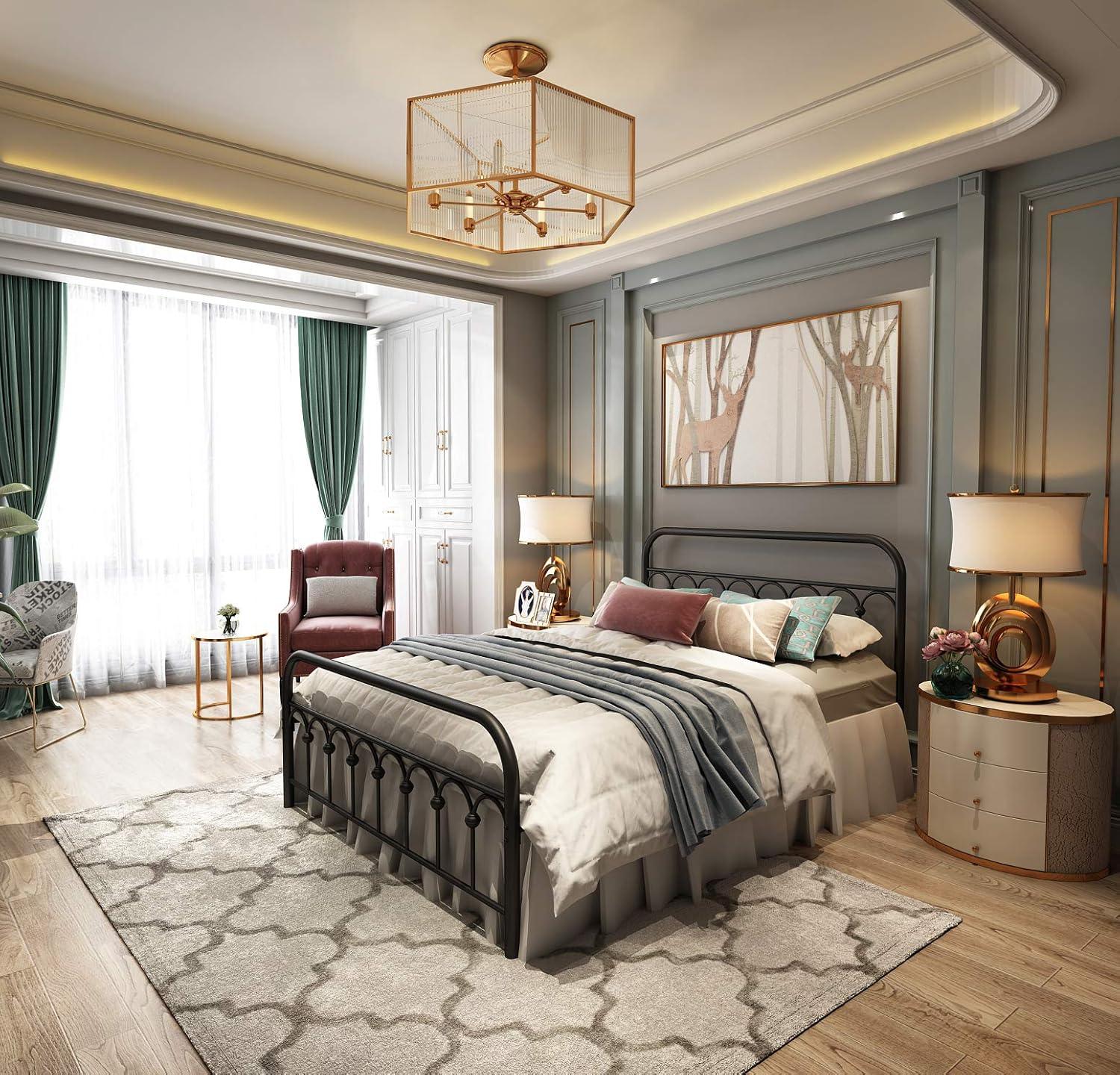 TUSEER Metal Bed Frame Full Size with Vintage Headboard and Footboard Platform Base Wrought Iron (Black)