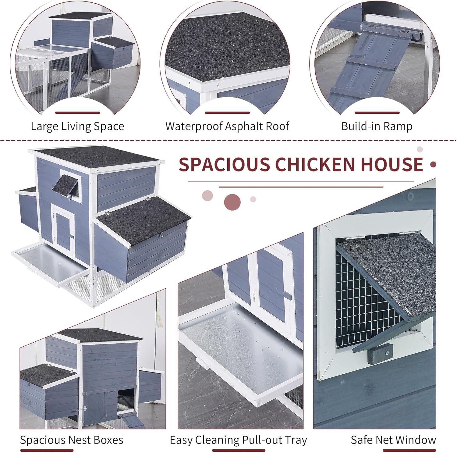 59" Large Chicken Coop for 4-6 Chickens, Wooden Hen House with Large Nesting Boxes, Outdoor Poultry Cage Rabbit Cage with Ramps & Ventilation Window, 59''L*33.5''W*38.6''H