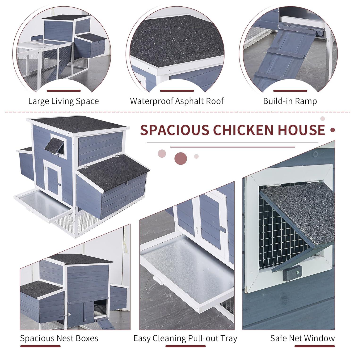 59" Large Chicken Coop for 4-6 Chickens, Wooden Hen House with Large Nesting Boxes, Outdoor Poultry Cage Rabbit Cage with Ramps & Ventilation Window, 59''L*33.5''W*38.6''H