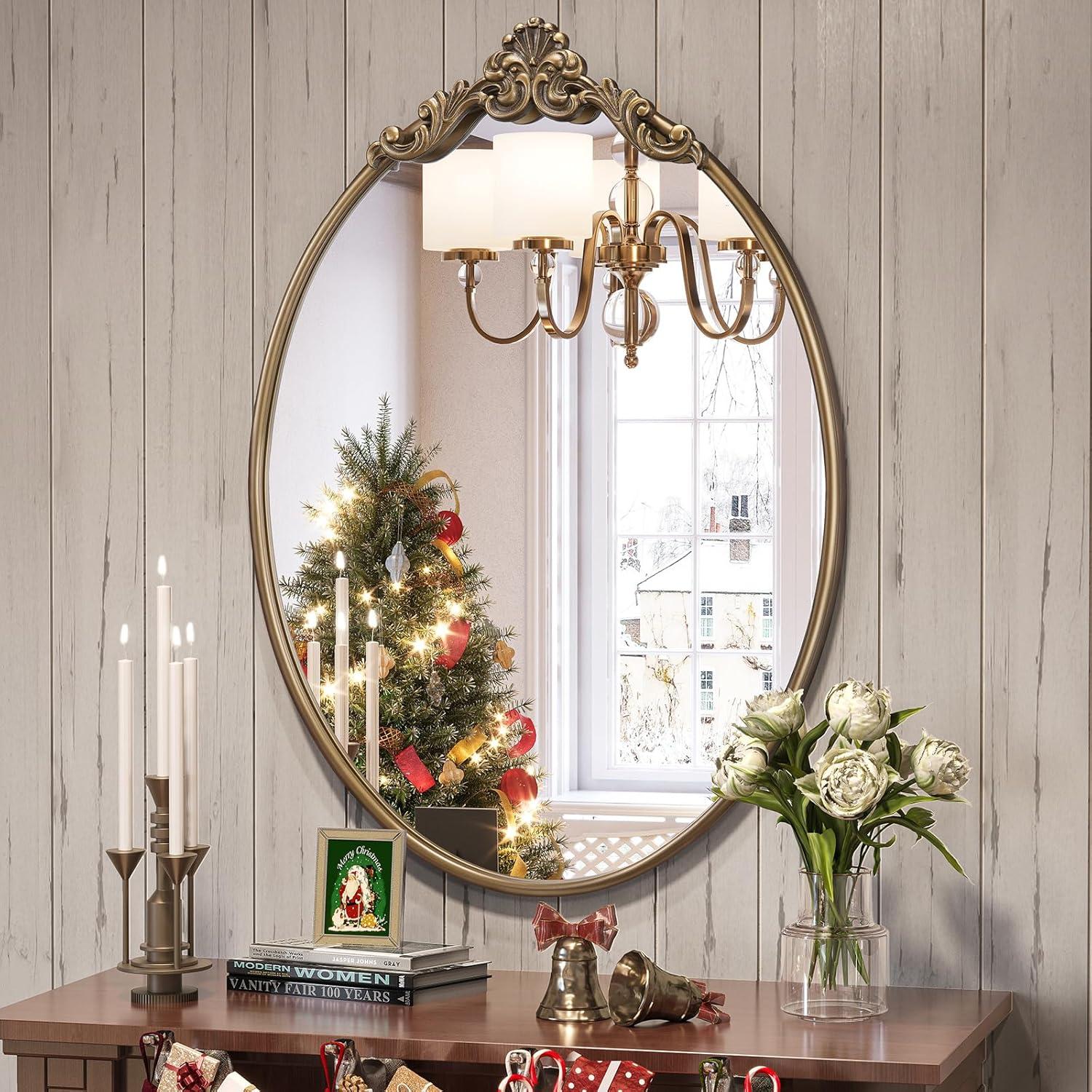 Kate & Laurel All Things Decor 24"x36" Arendahl Traditional Vertical Oval Wall Mirror Antique Gold: Ornate, No Assembly Required